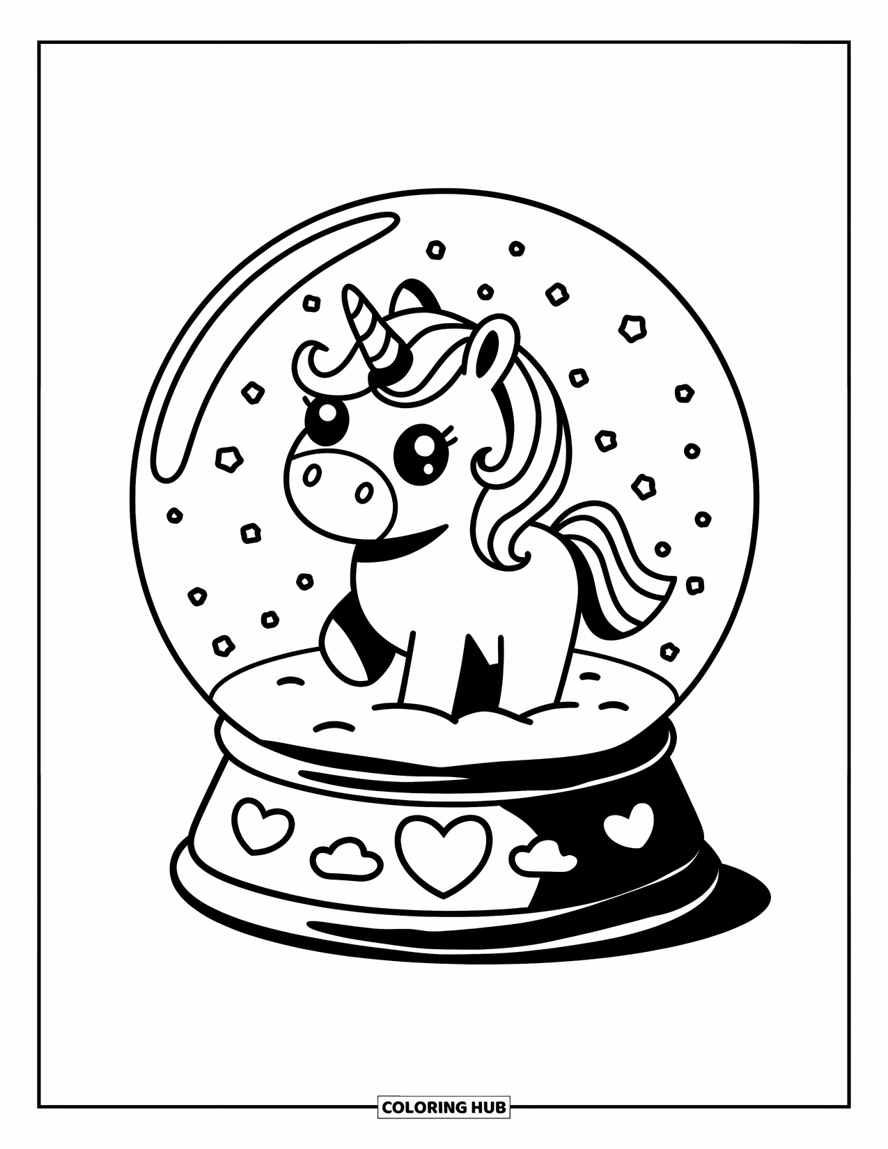 Unicorn Coloring Page for Adults: A tiny unicorn floats inside a snow globe, resting on a fluffy cloud