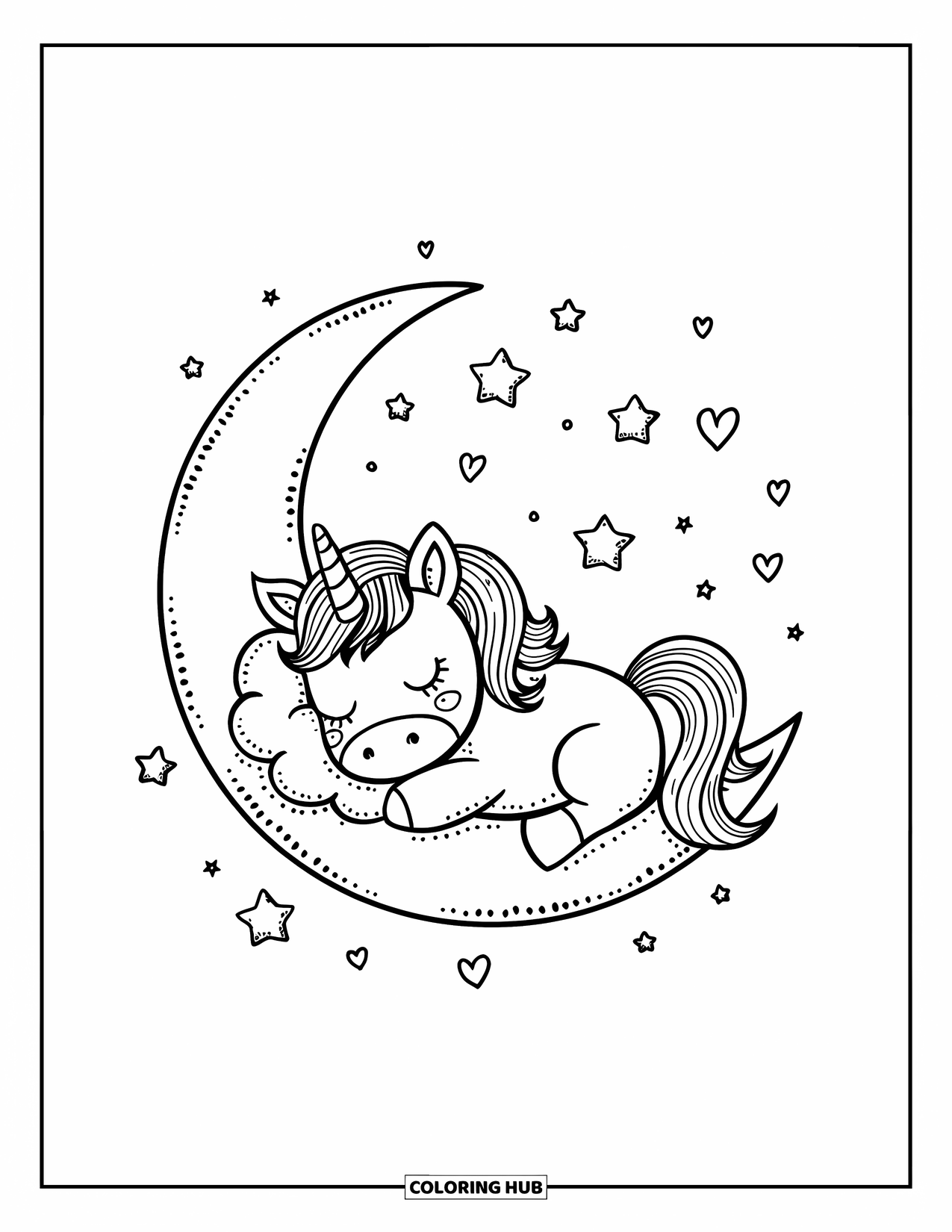 Unicorn Coloring Page for Adults: A tiny unicorn sleeps peacefully on a crescent moon, using a fluffy cloud as a pillow