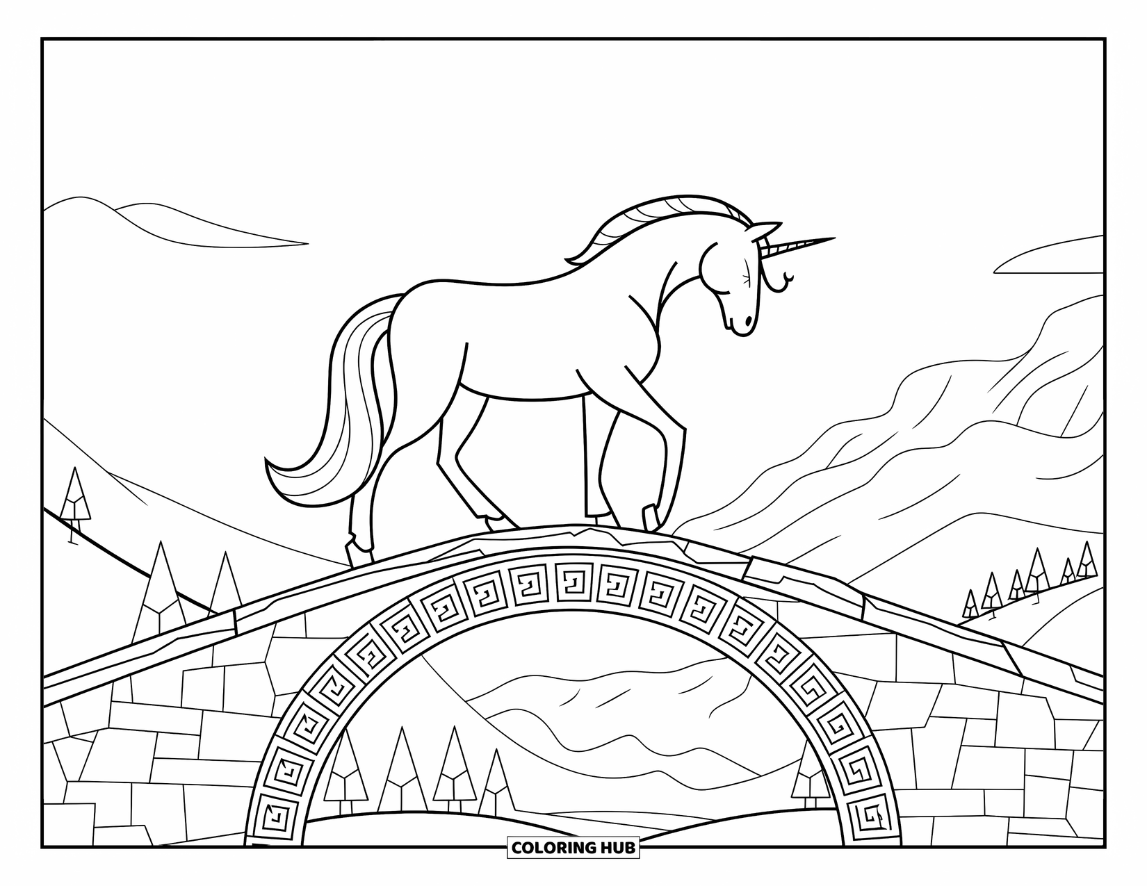 Unicorn Coloring Page for Adults: A unicorn crosses an ancient stone bridge, its hooves touching intricate carvings