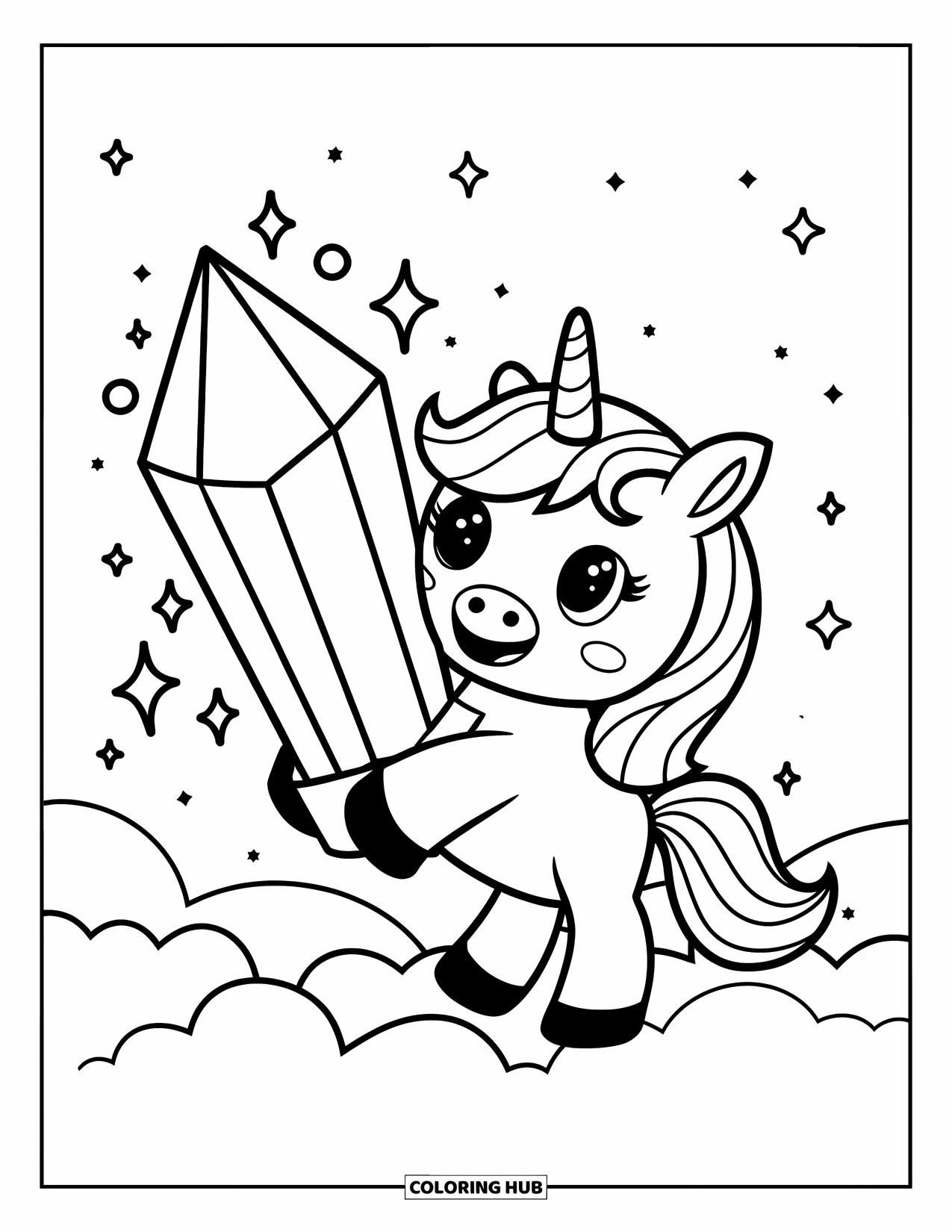 Unicorn Coloring Page for Adults: A unicorn curiously touches a magic crystal, as tiny glowing stars float around it