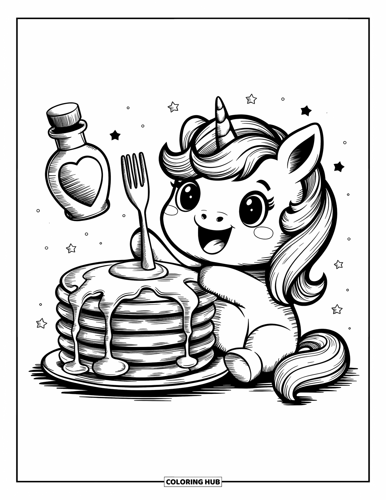 Unicorn Coloring Page for Adults: A unicorn eagerly holds a fork and knife next to a towering stack of fluffy pancakes