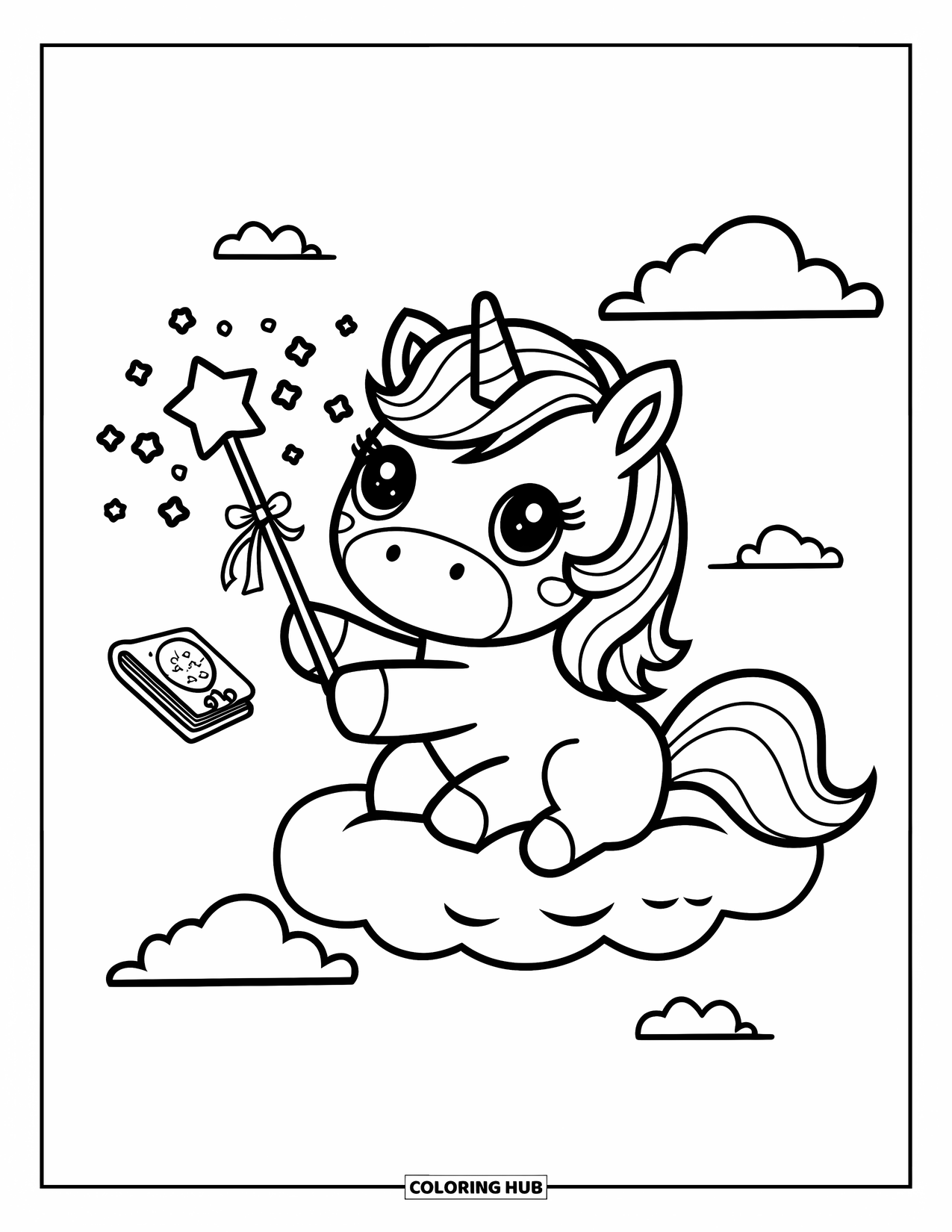 Unicorn Coloring Page for Adults: A unicorn floats on a cloud, waving its wand as tiny stars twinkle around