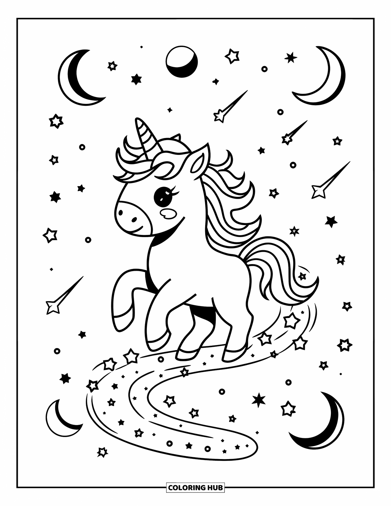 Unicorn Coloring Page for Adults: A unicorn gallops through the clouds, its stardust trail filled with twinkling stars