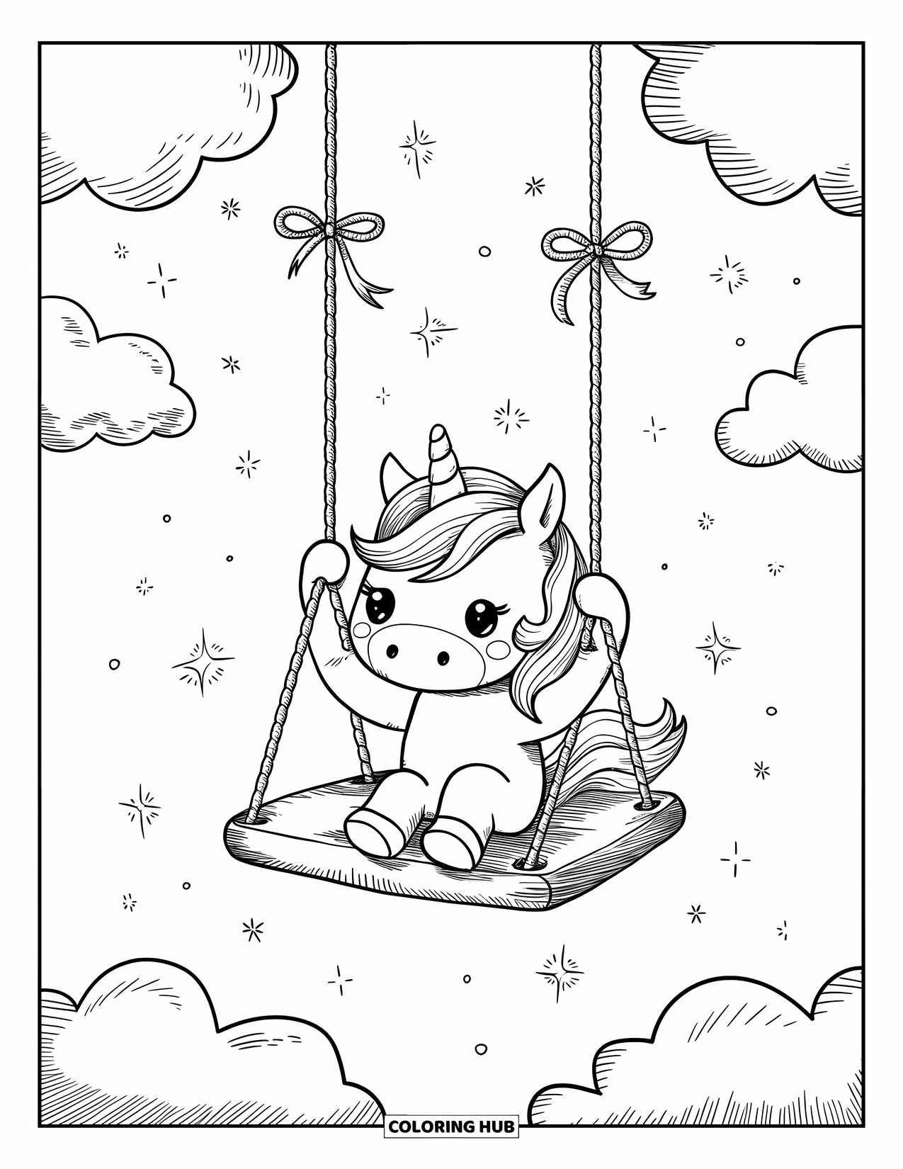 Unicorn Coloring Page for Adults: A unicorn happily swings from a fluffy cloud, stars twinkling in the background