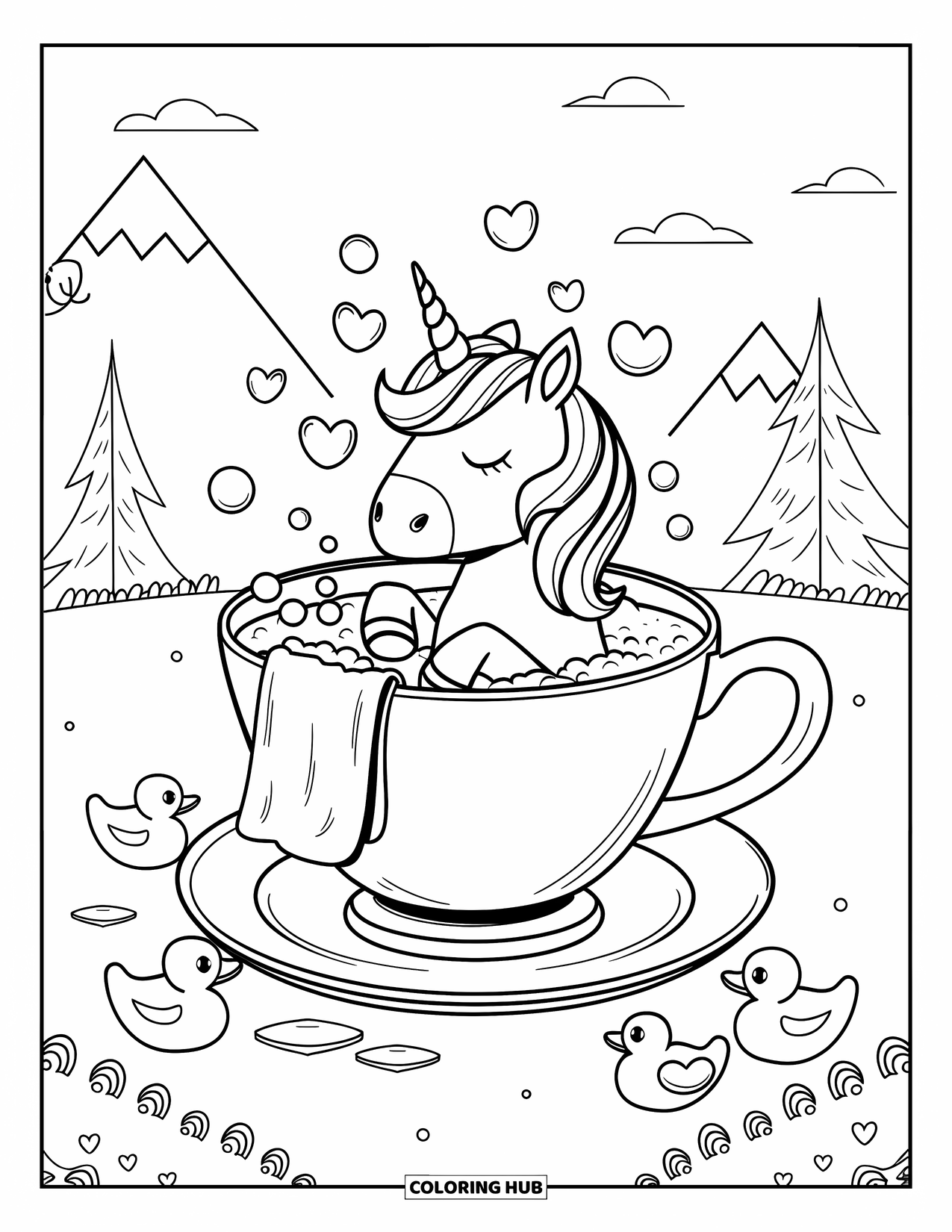 Unicorn Coloring Page for Adults: A unicorn relaxes in a bubbly bath inside an oversized teacup, surrounded by rubber duckies