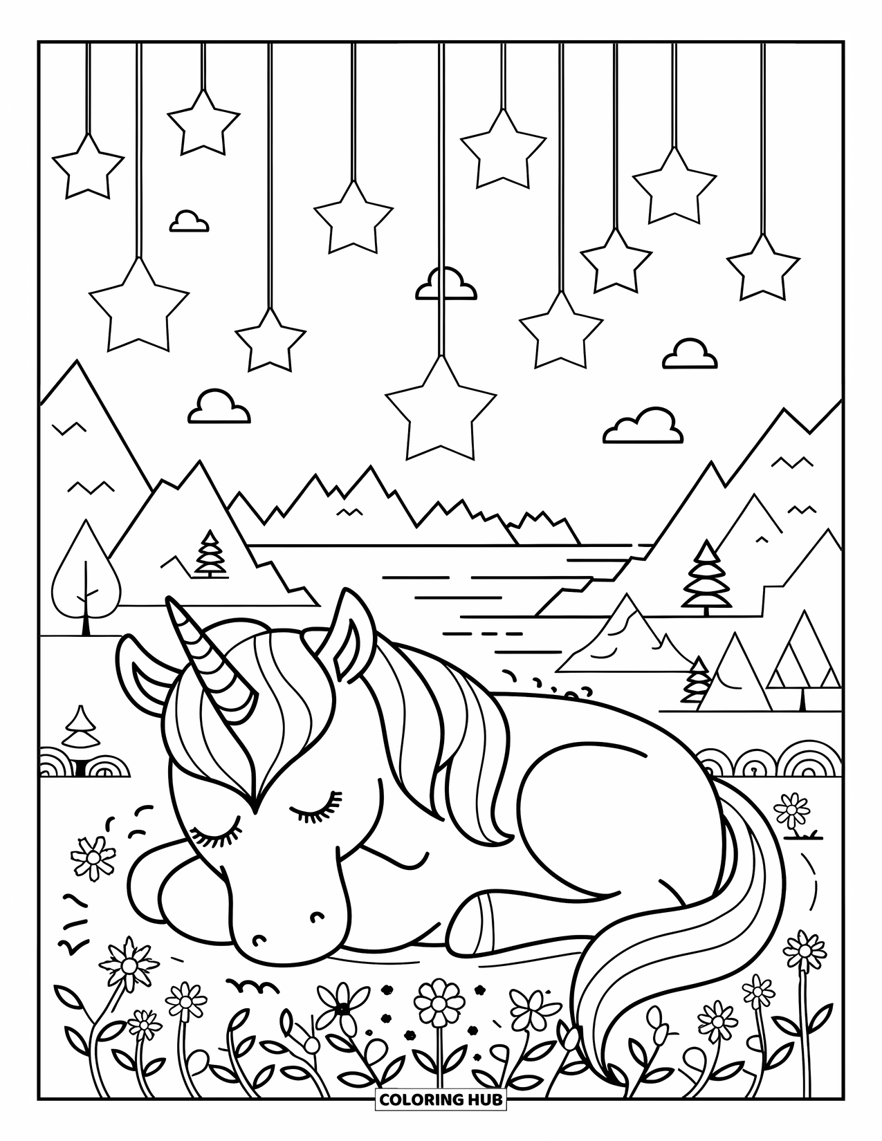 Unicorn Coloring Page for Adults: A unicorn sleeps peacefully beneath glowing star-shaped lanterns in a quiet meadow