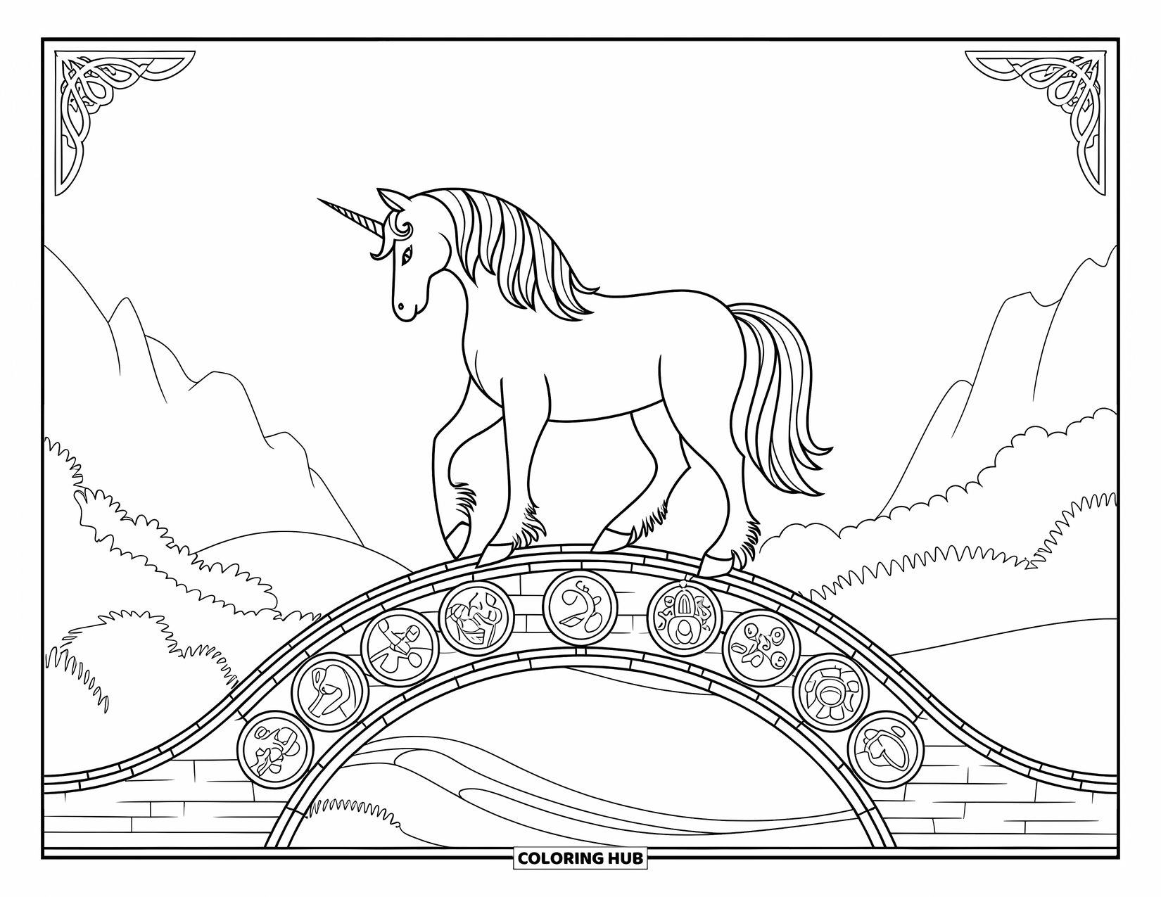 Unicorn Coloring Page for Adults: A unicorn stands atop an ancient bridge, with a mystical landscape beyond