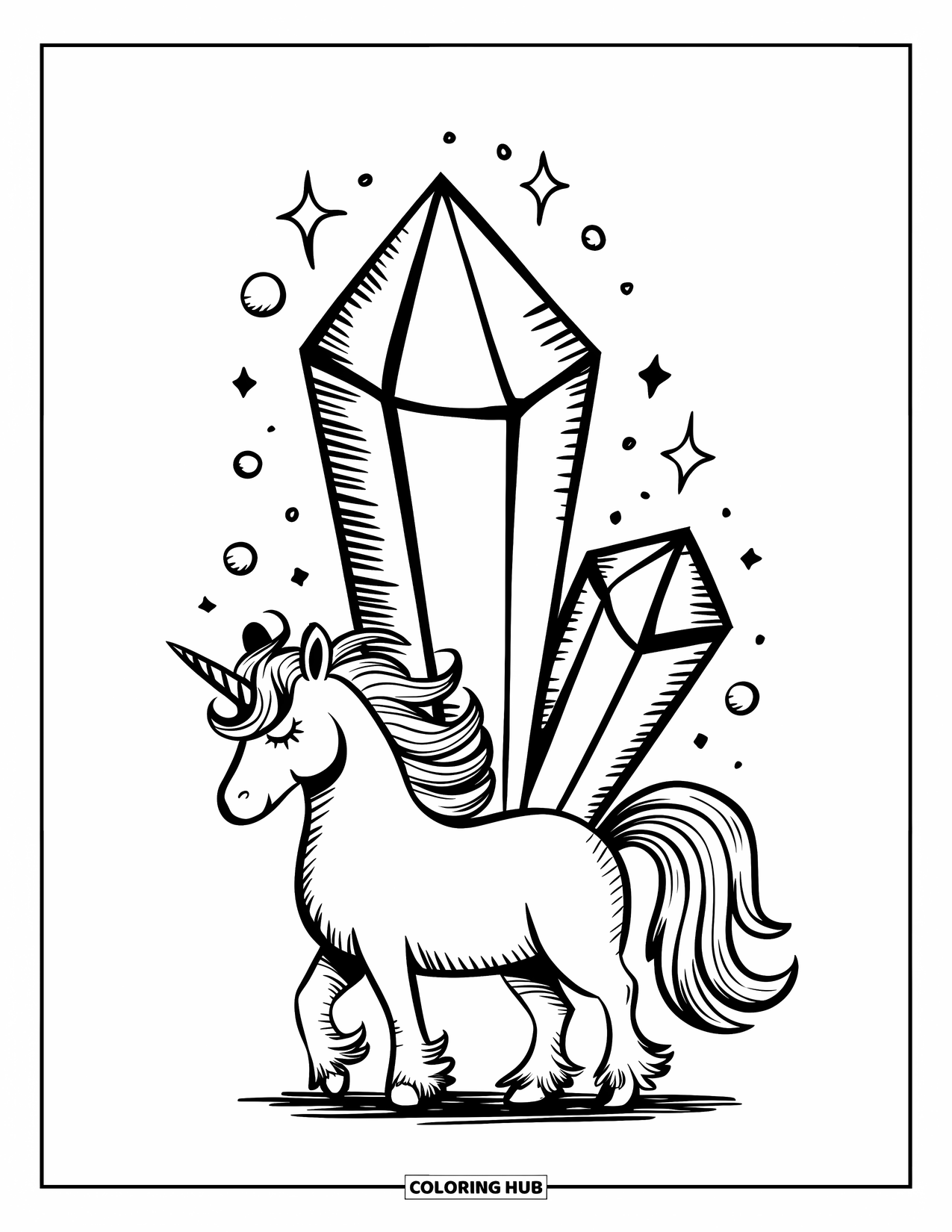 Unicorn Coloring Page for Adults: A unicorn stands beside a giant glowing crystal, surrounded by twinkling orbs and sparkles