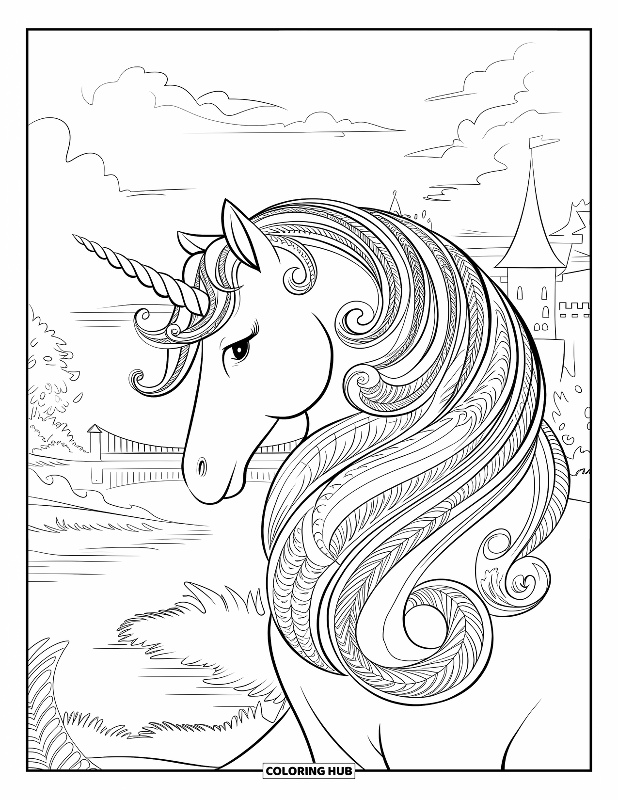Unicorn Coloring Page for Adults: A unicorn stands gracefully, its mane intertwining with artistic, decorative patterns