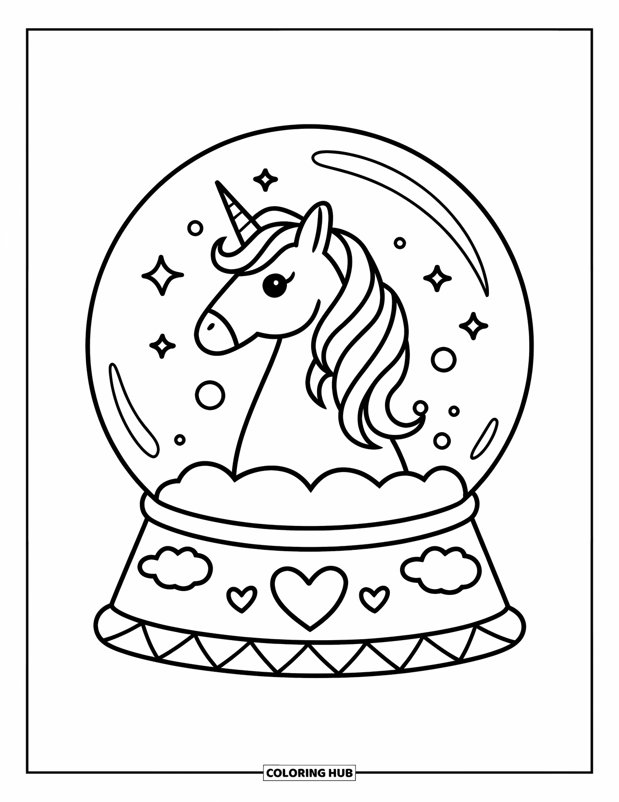 Unicorn Coloring Page for Adults: A unicorn stands inside a magical snow globe, surrounded by tiny floating snowflakes
