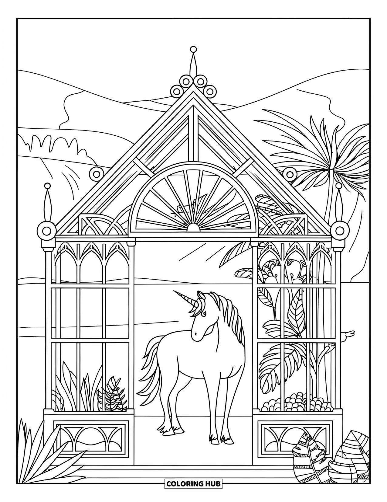 Unicorn Coloring Page for Adults: A unicorn stands inside a Victorian-style greenhouse, surrounded by tropical plants