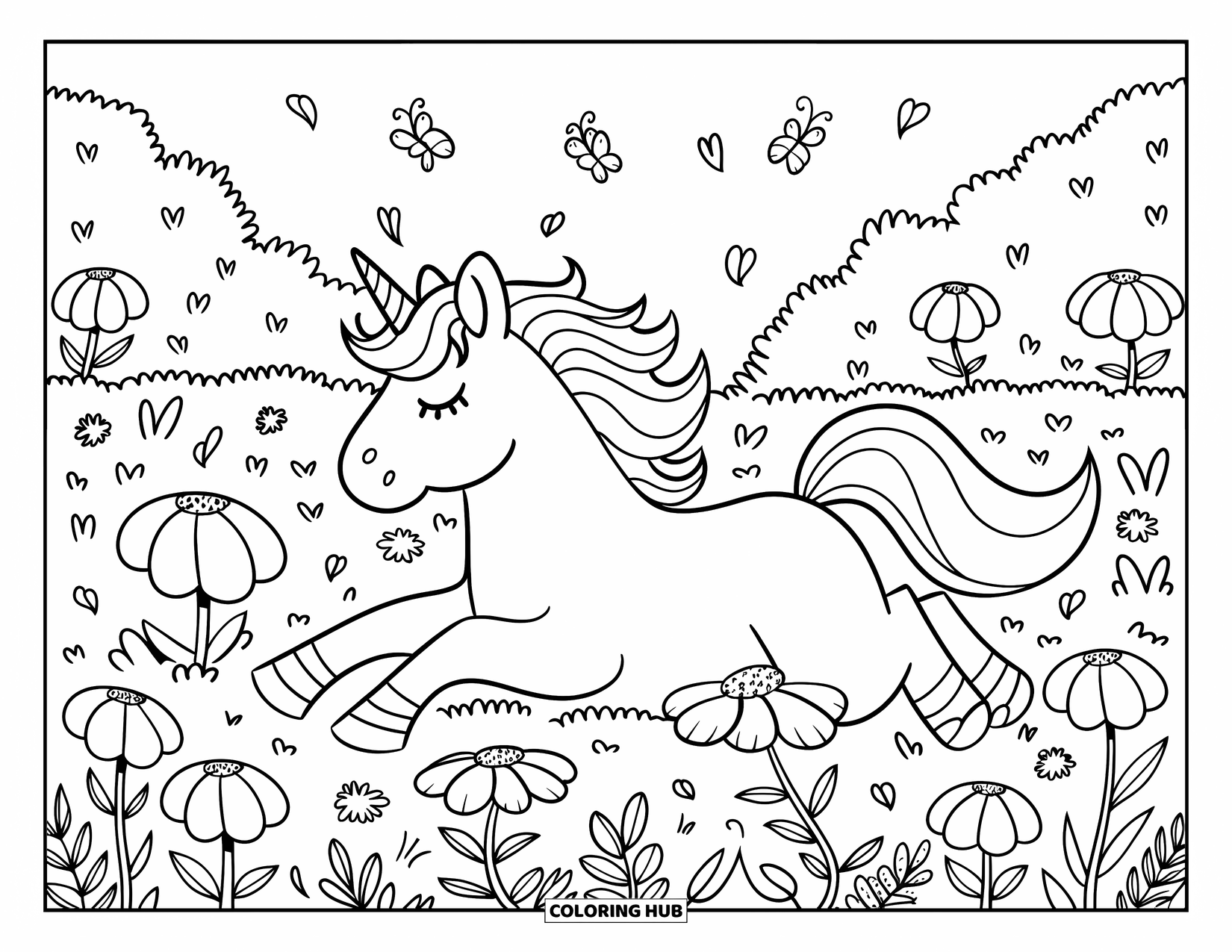 Unicorn Coloring Page for Adults: A unicorn stretches happily in a flower field, tiny butterflies fluttering nearby