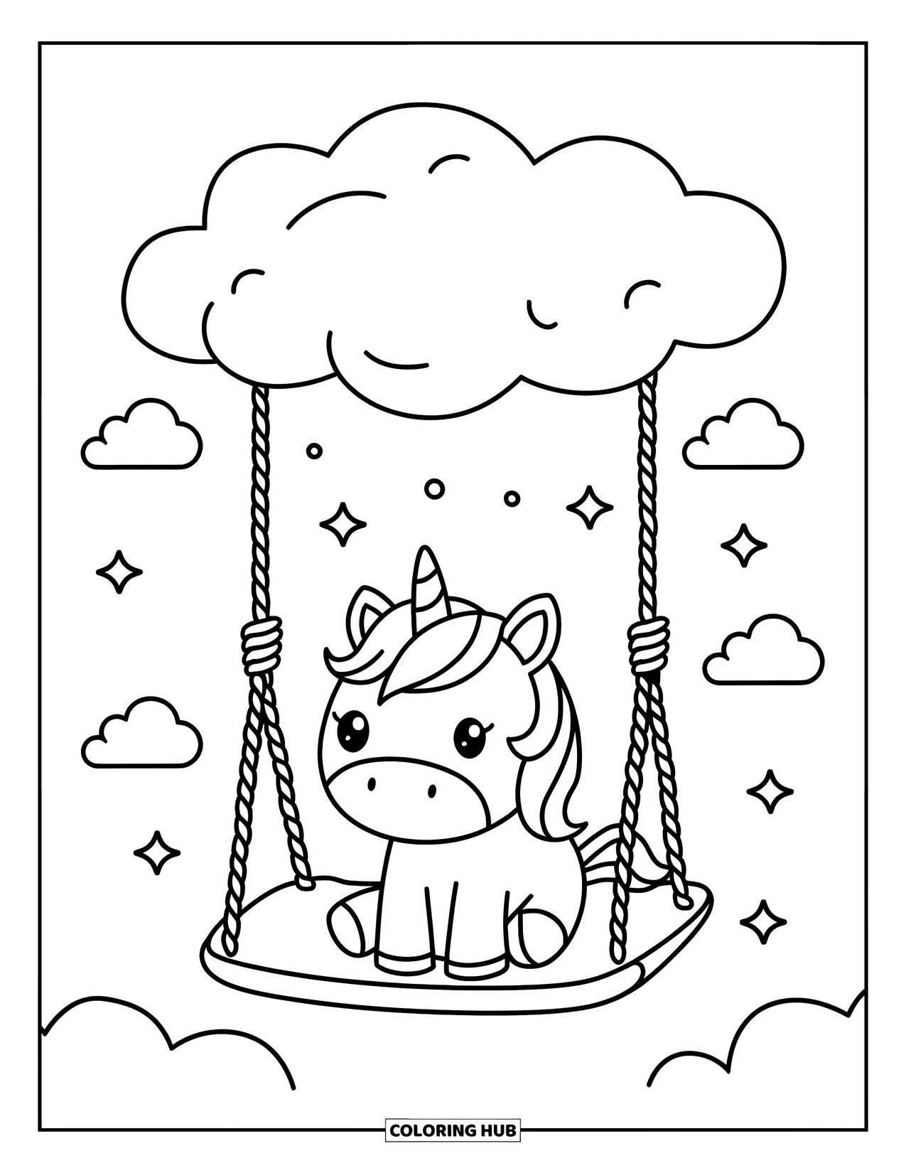 Unicorn Coloring Page for Adults: A unicorn swings on a puffy cloud, tiny stars floating all around
