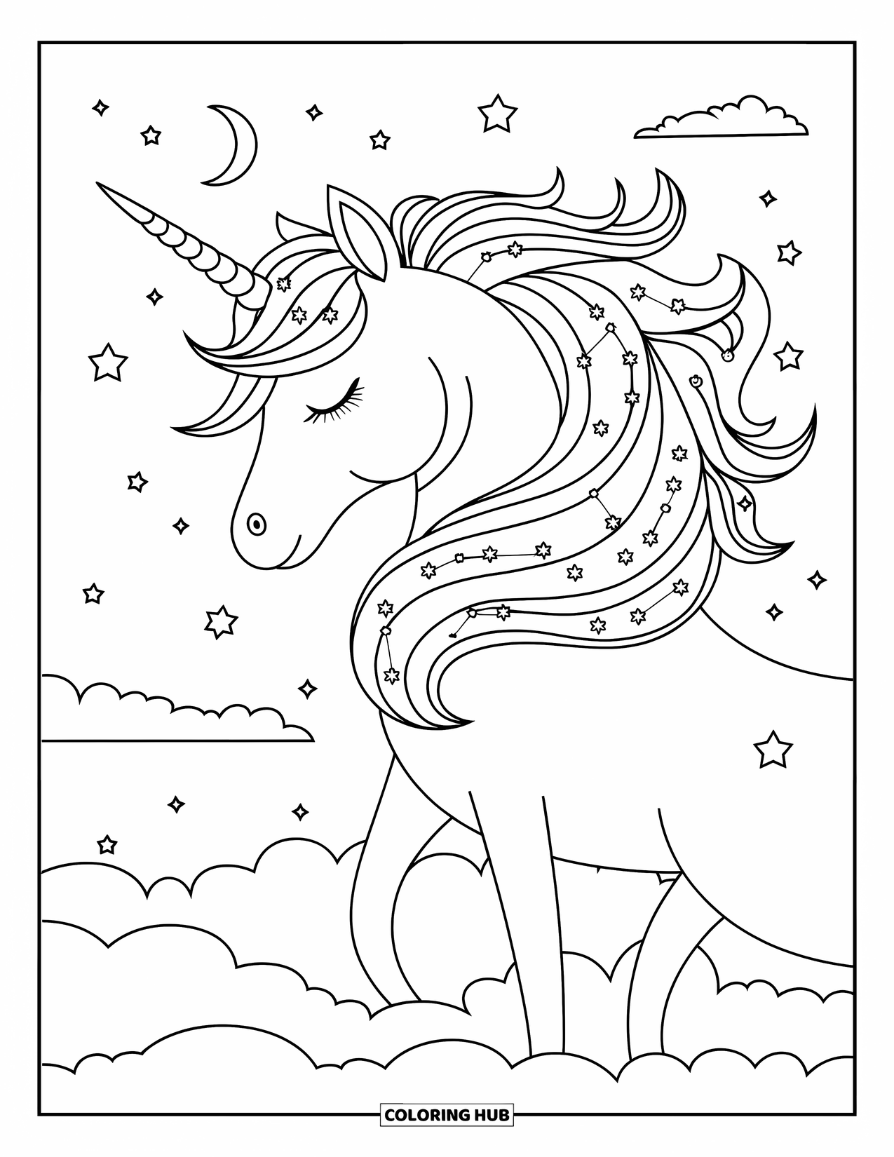 Unicorn Coloring Page for Adults: A unicorn with a cosmic mane stands under a sky full of stars and moons