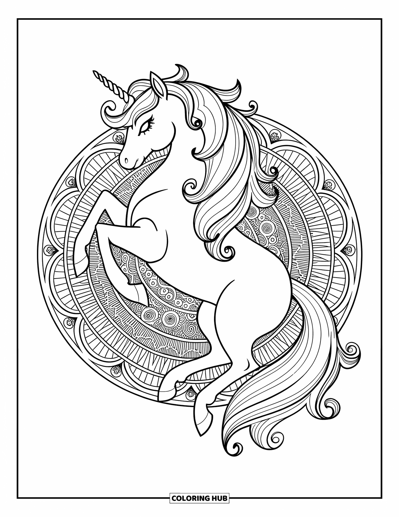 Unicorn Coloring Page for Adults: A unicorn with a delicately patterned mane is surrounded by swirling mandala details