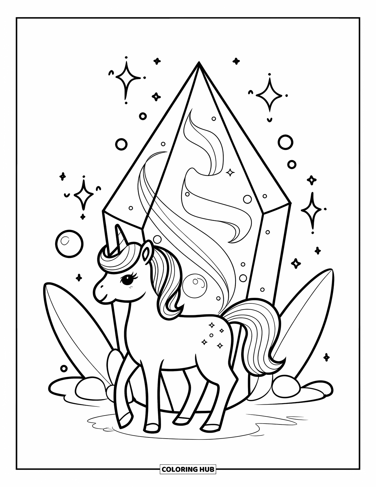 Unicorn Coloring Page for Adults: A unicorn with a fluffy mane gazes at a glowing crystal, surrounded by floating stars
