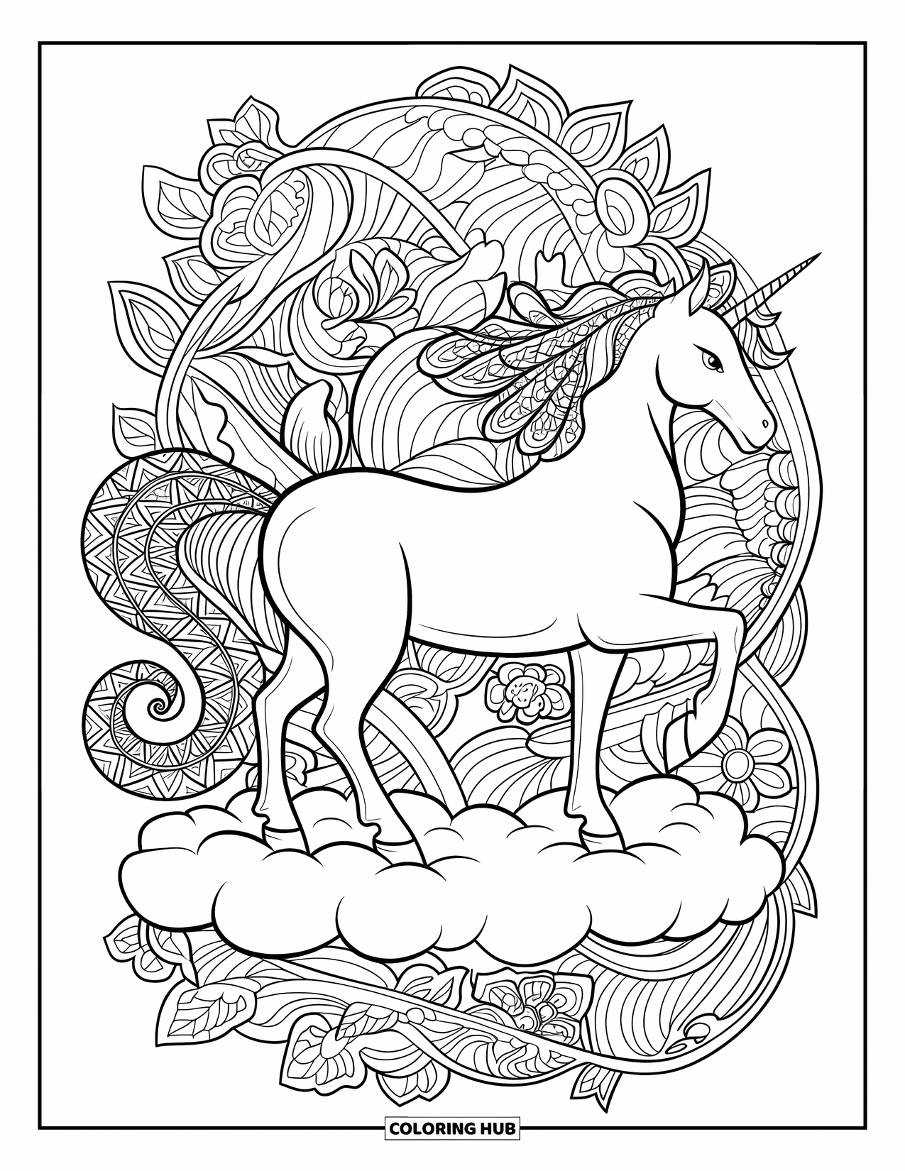 Unicorn Coloring Page for Adults: A unicorn with a spiraled horn stands on rocky terrain, surrounded by misty waterfalls