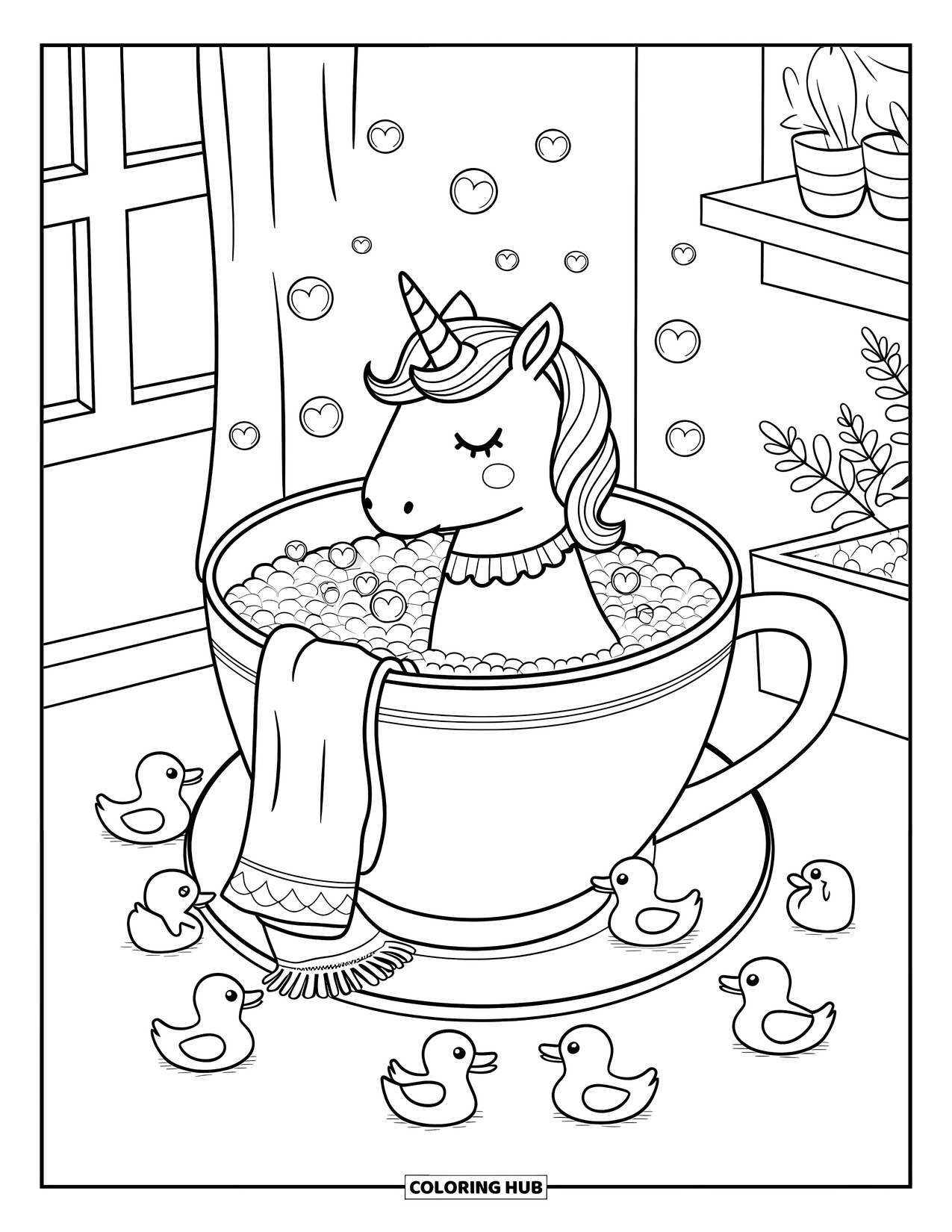 Unicorn Coloring Page for Adults: A unicorn with a striped collar enjoys a warm bubble bath in a giant teacup