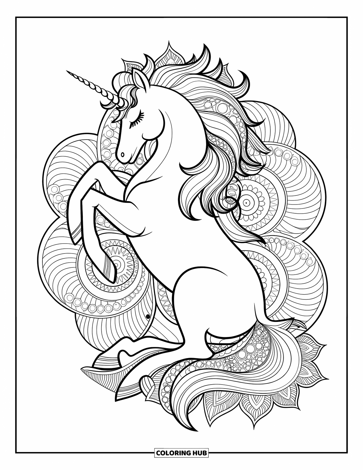 Unicorn Coloring Page for Adults: A unicorn with an intricate mane rests gracefully within a circle of mandala patterns