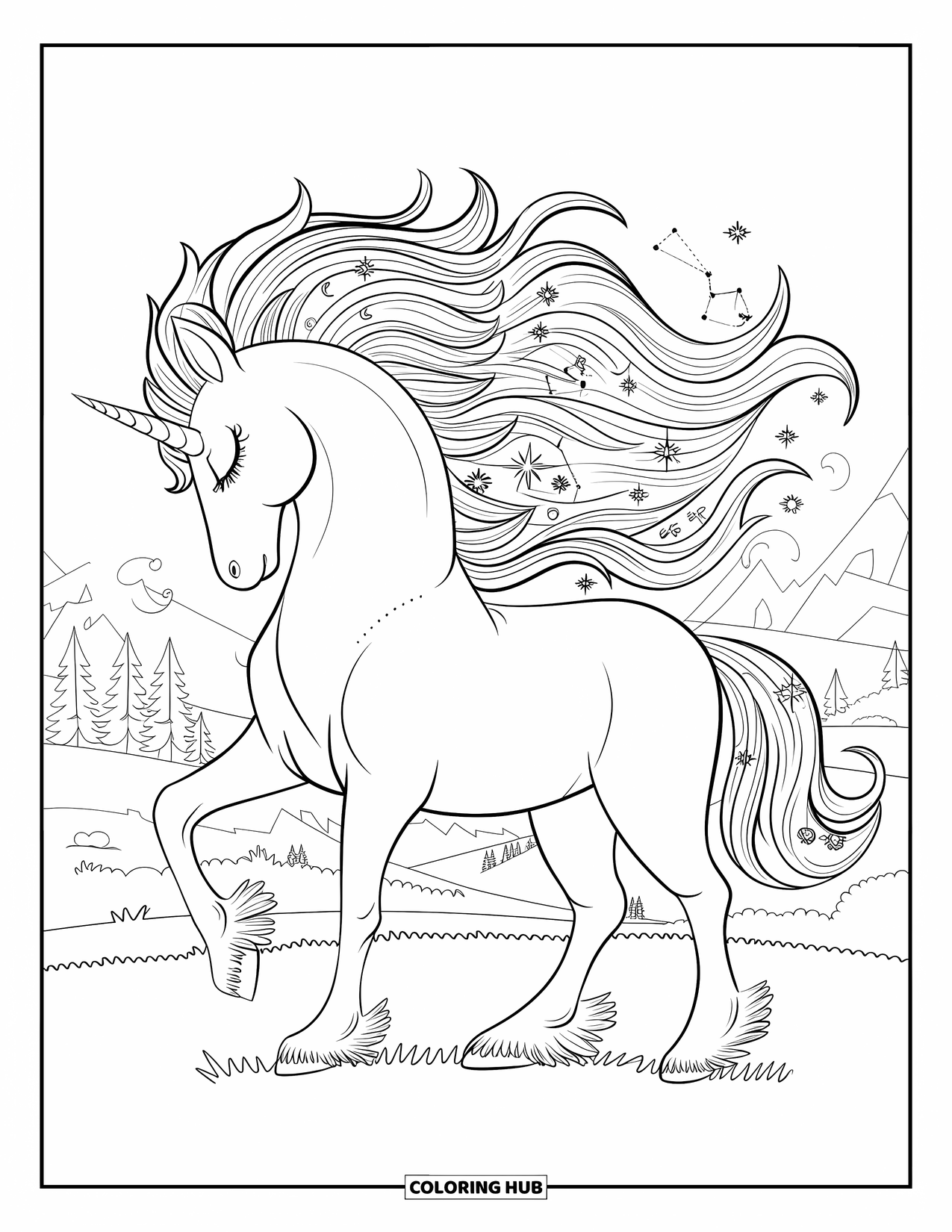 Unicorn Coloring Page for Adults: A unicorn's mane glows with hidden celestial symbols and delicate constellations