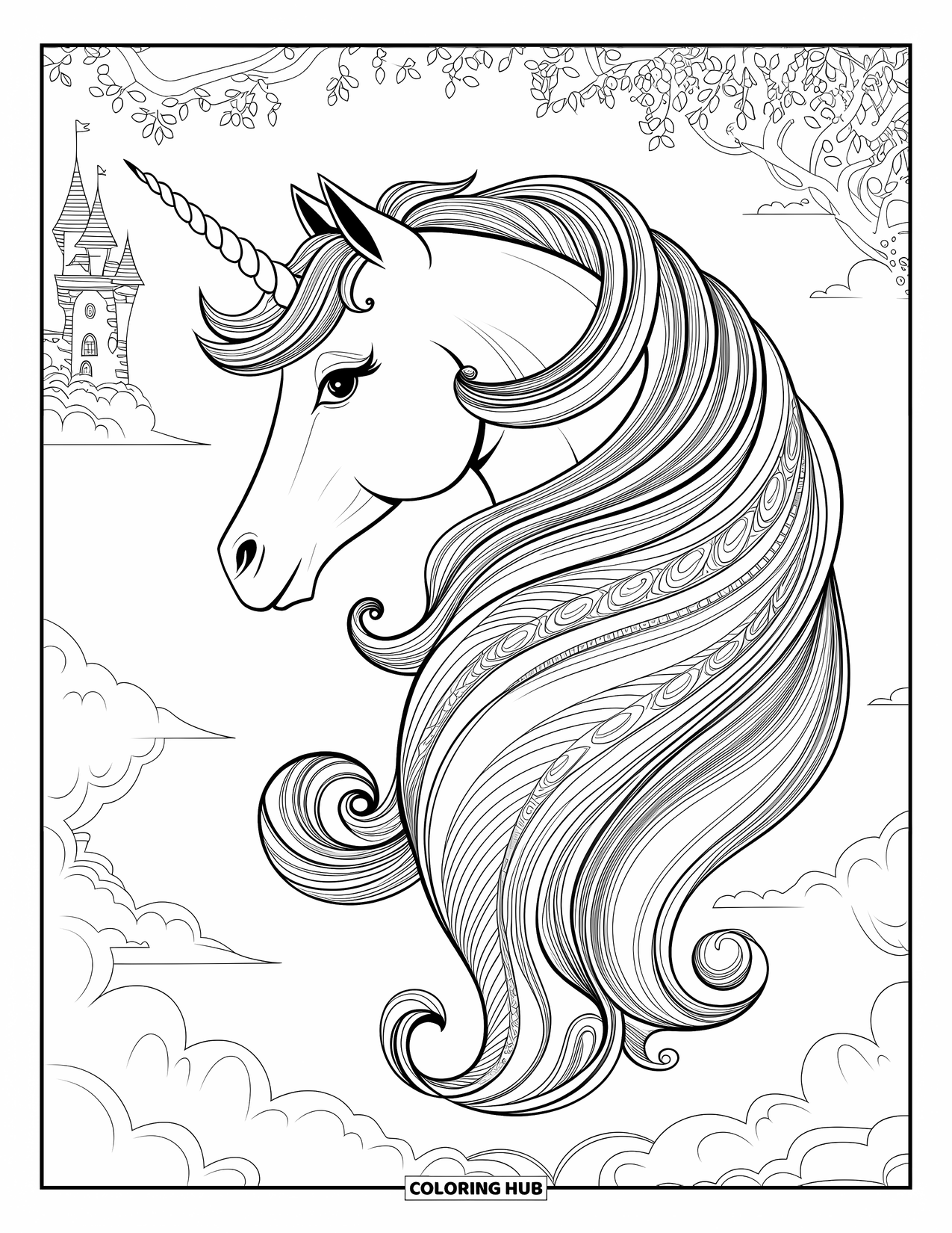 Unicorn Coloring Page for Adults: A unicorn's mane transforms into swirling filigree, merging with the detailed background