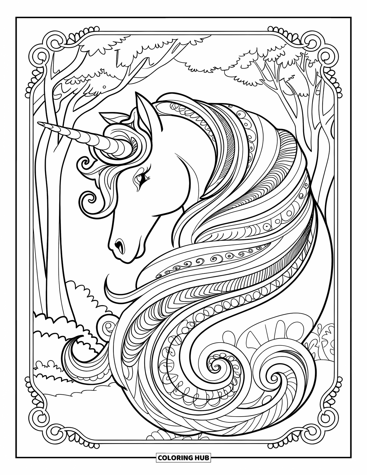 Unicorn Coloring Page for Adults: A unicorn's mane twists into elegant filigree, blending with the intricate design