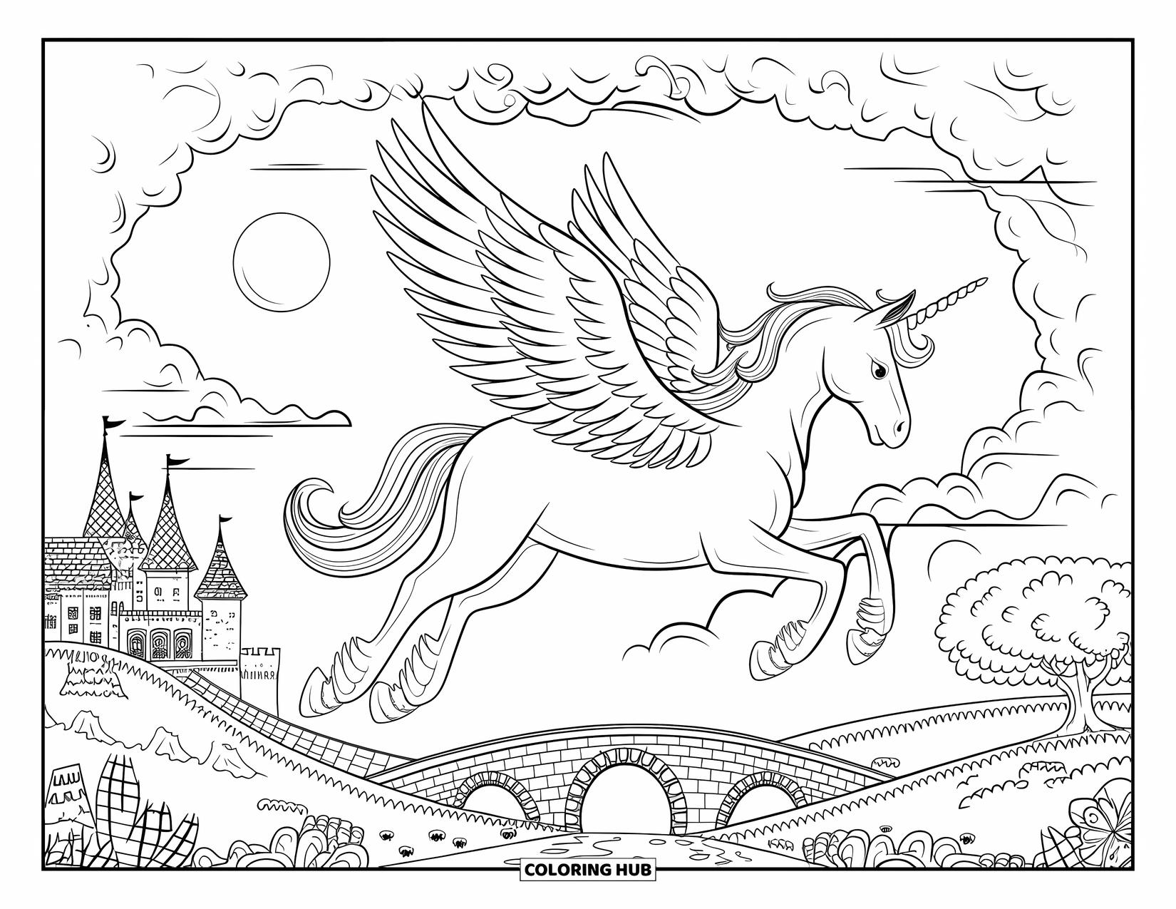 Unicorn Coloring Page for Adults: A winged unicorn soars above a mystical castle, with a glowing moon behind it
