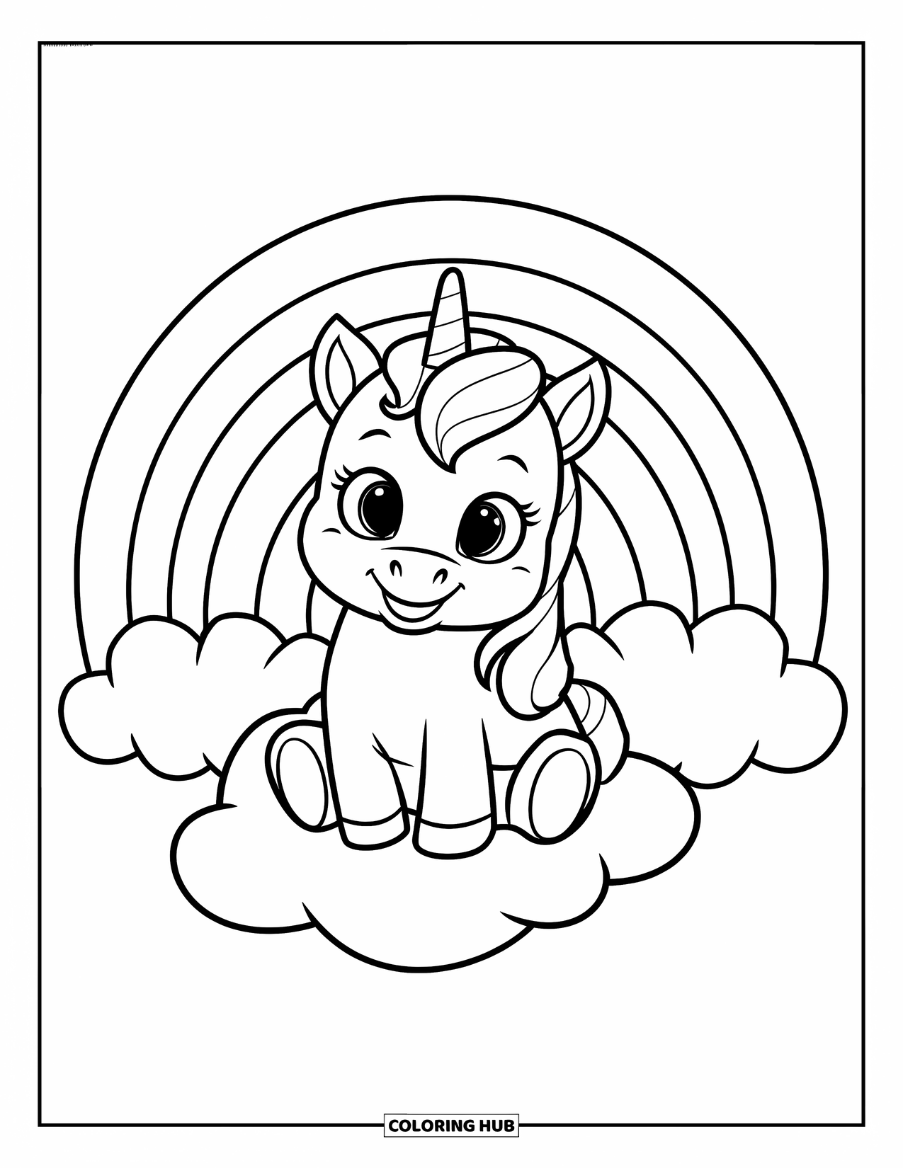 Unicorn Coloring Page for Kids: A cute baby unicorn rests on a cloud, framed by a large, cheerful rainbow