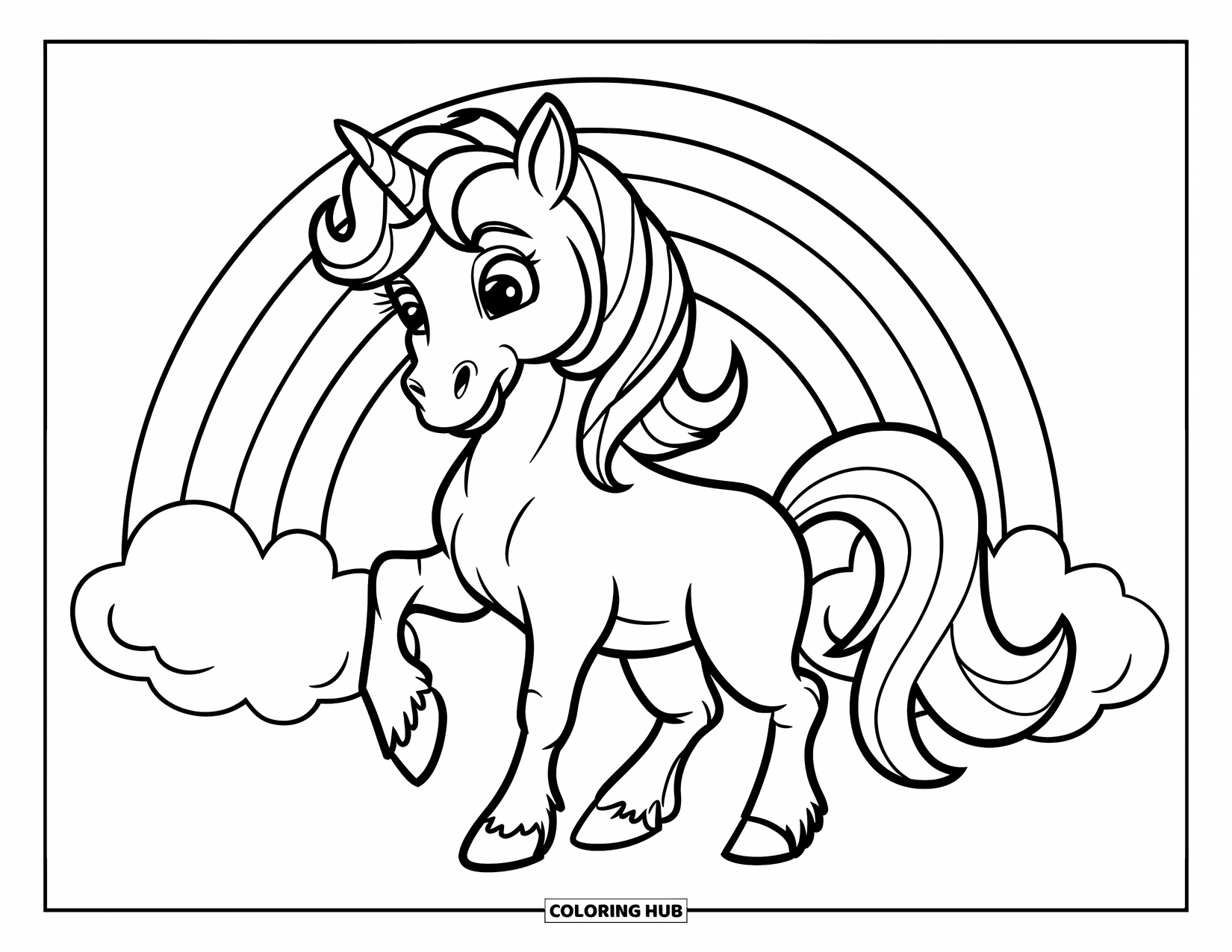 Unicorn Coloring Page for Kids: A playful unicorn with a wagging tail stands on a fluffy cloud
