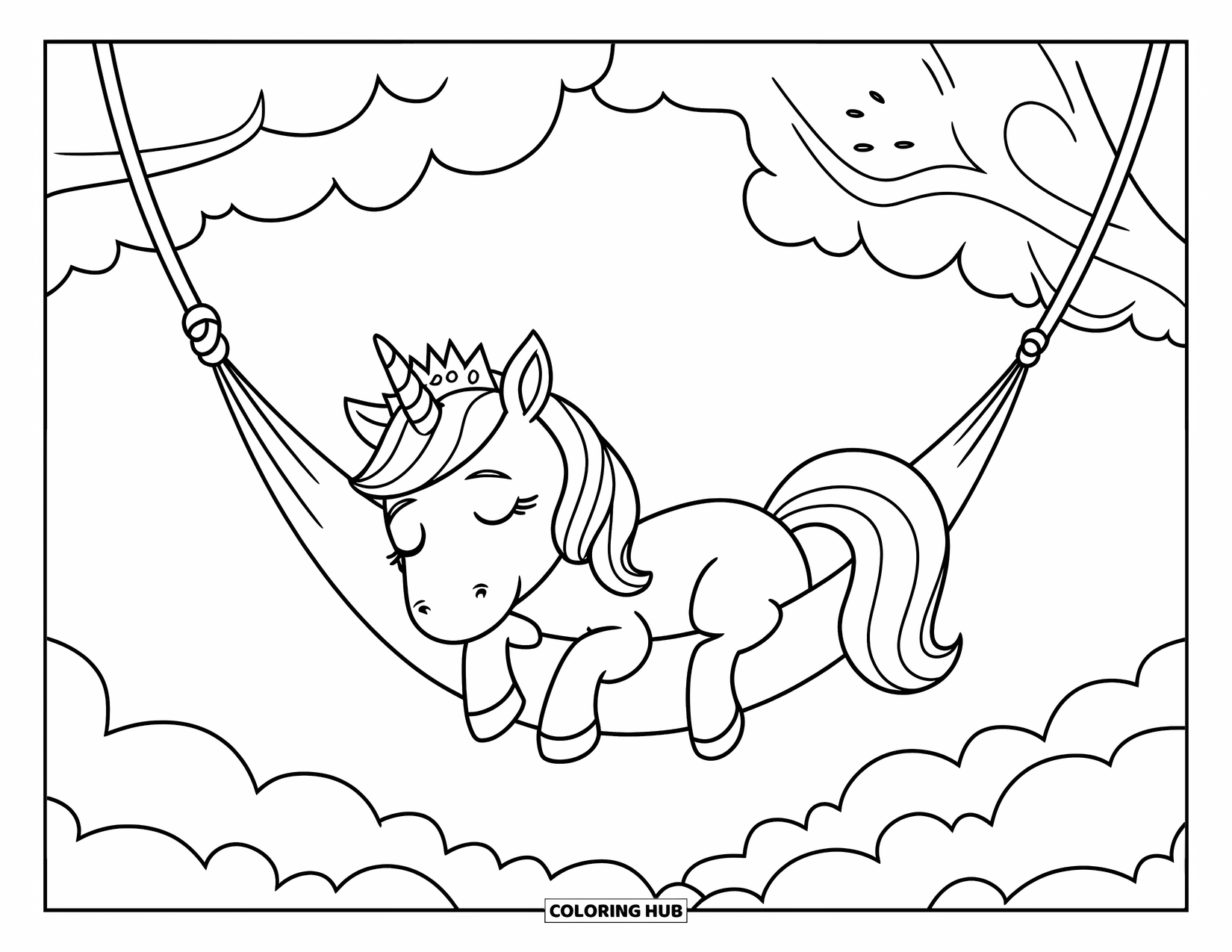 Unicorn Coloring Page for Kids: A sleepy unicorn rests in a hammock tied between two puffy clouds