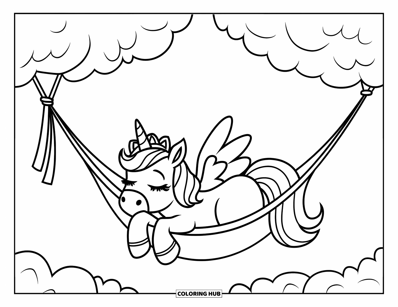 Unicorn Coloring Page for Kids: A unicorn dozes off in a hammock floating between two soft clouds in the sky