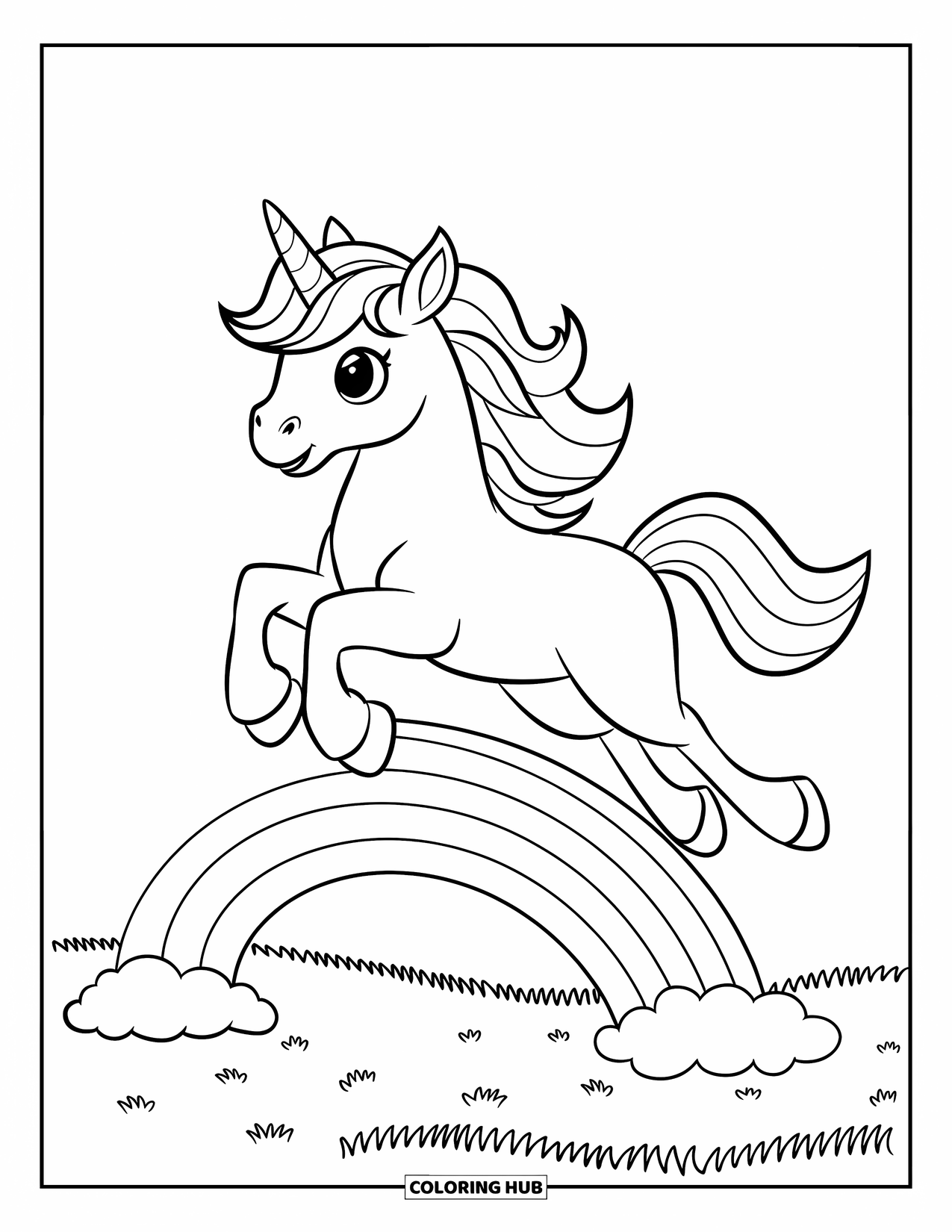 Unicorn Coloring Page for Kids: A unicorn happily leaps over a rainbow, its mane flowing in the wind