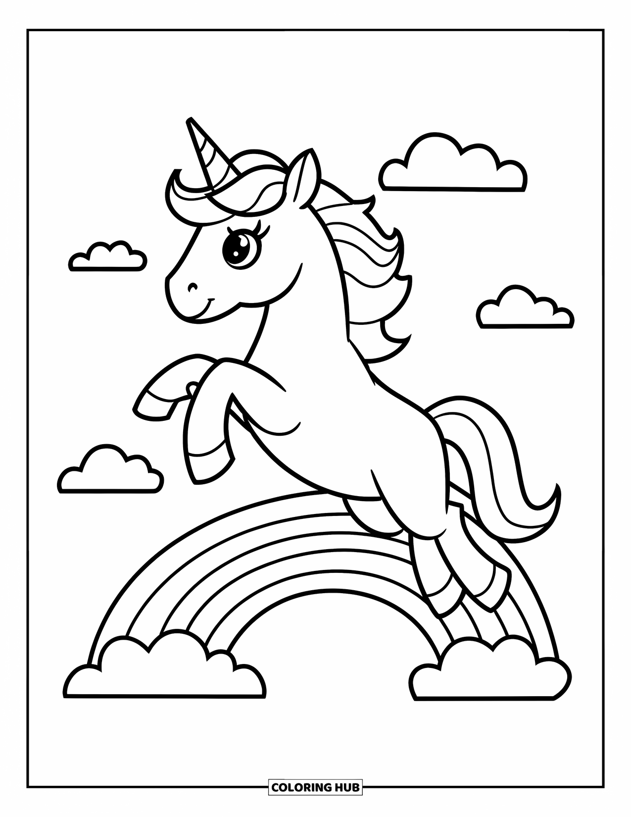 Unicorn Coloring Page for Kids: A unicorn joyfully jumps over a rainbow, surrounded by fluffy clouds