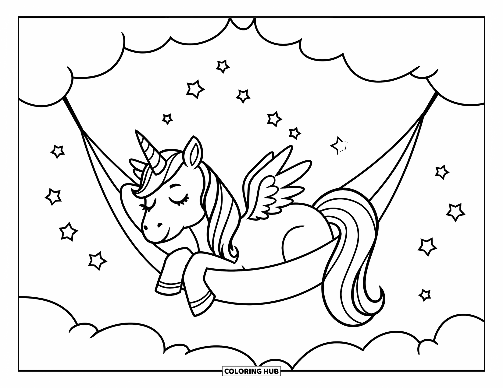 Unicorn Coloring Page for Kids: A unicorn sleeps peacefully in a hammock gently swaying between two fluffy clouds