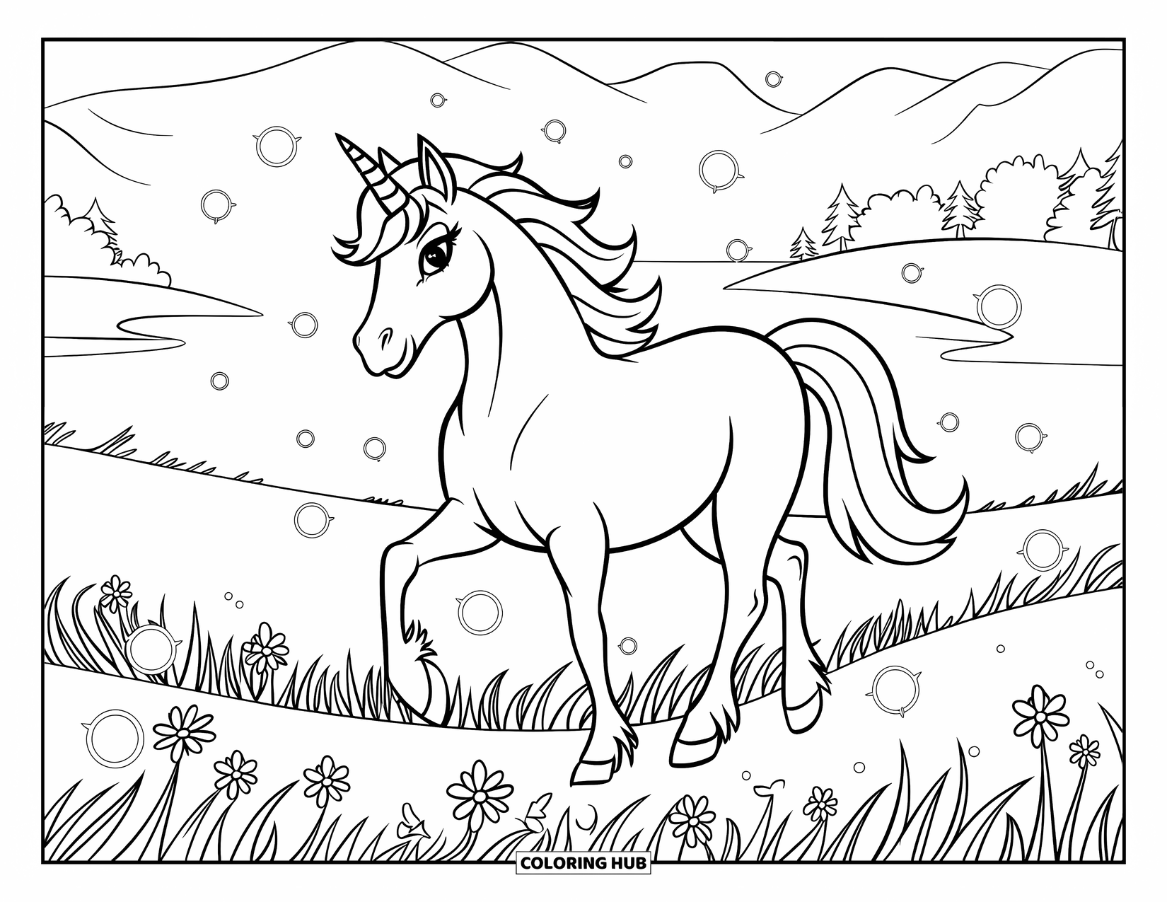 Unicorn Coloring Page for Kids: A unicorn strolls through a peaceful night meadow, surrounded by shimmering fireflies