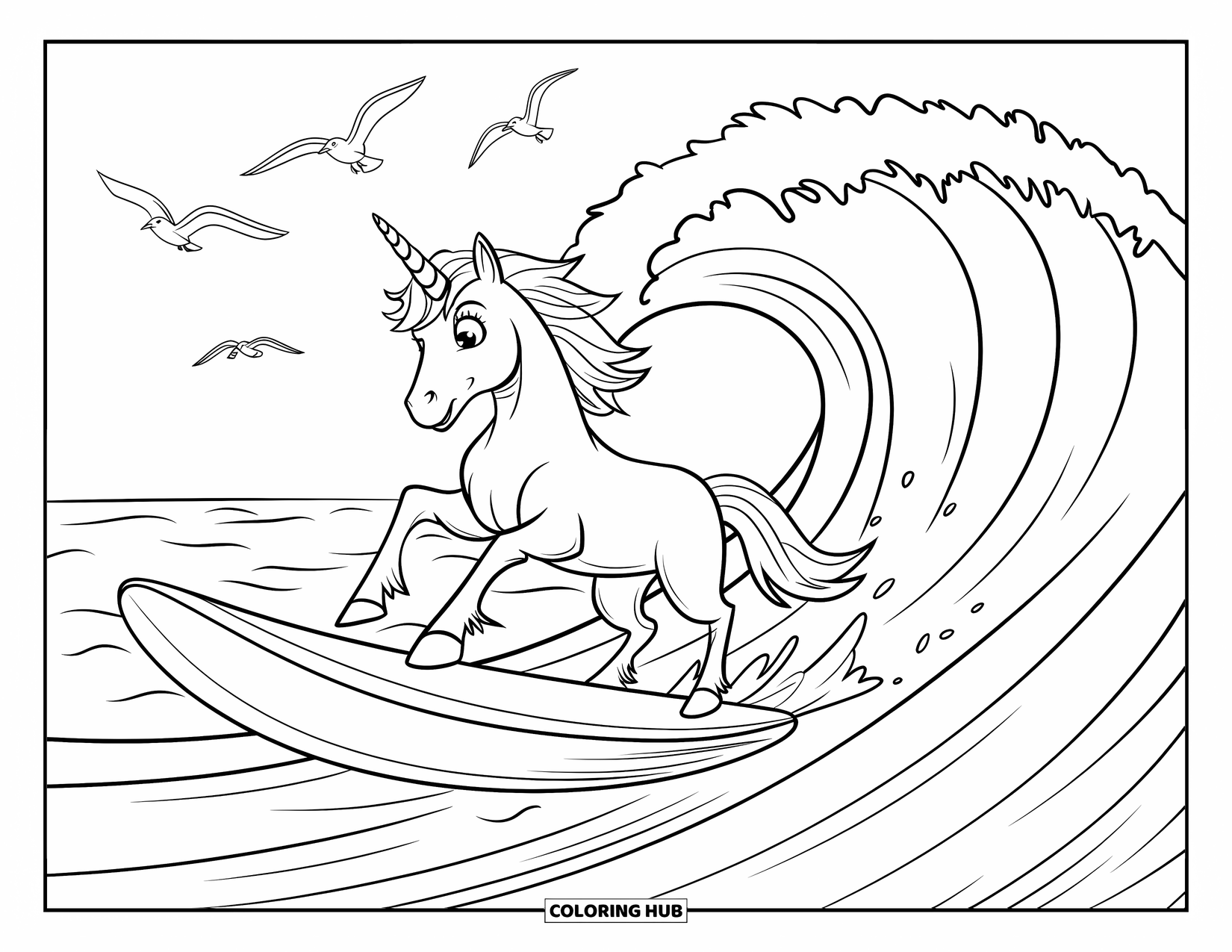 Unicorn Coloring Page for Kids: A unicorn surfs on a giant wave, its mane blowing back as water arcs around it