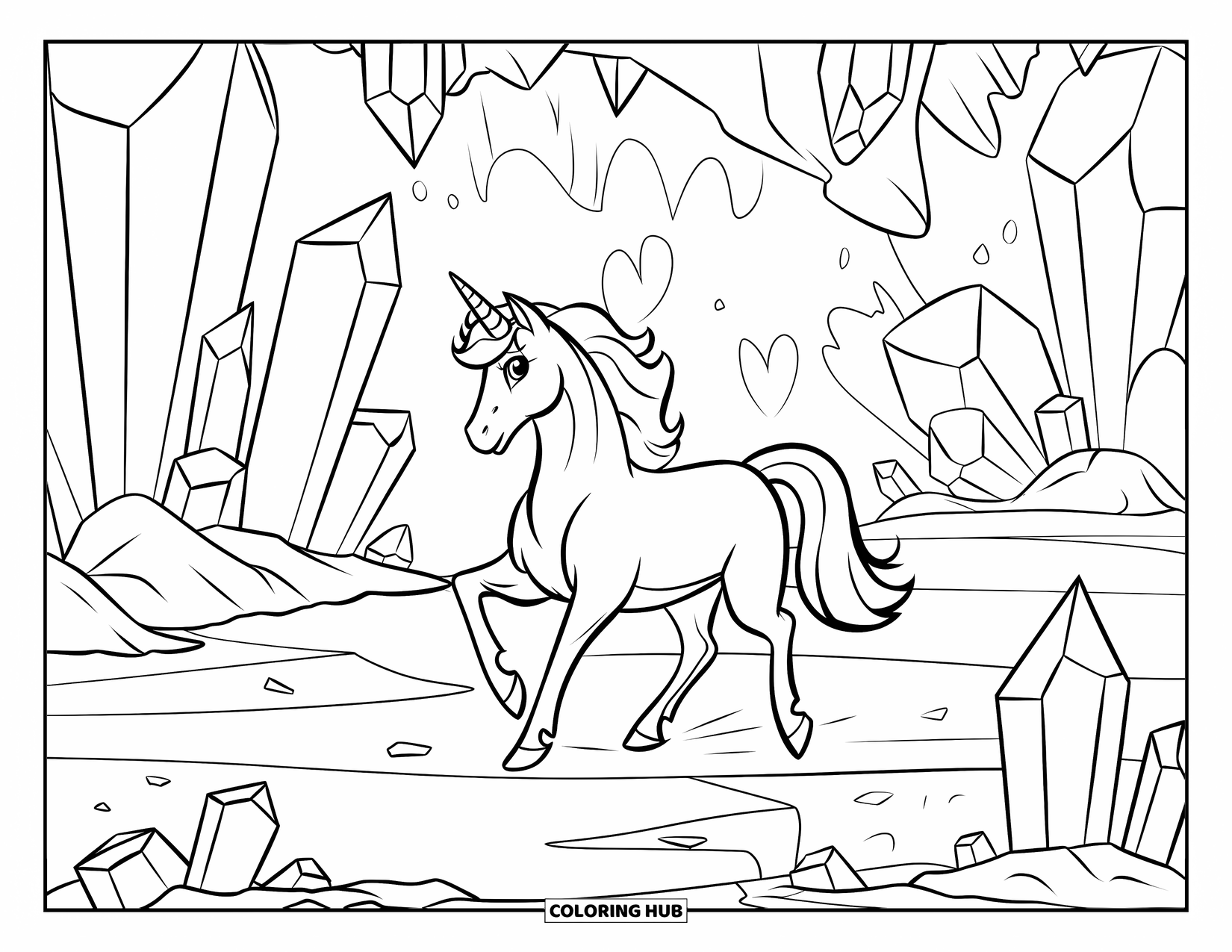 Unicorn Coloring Page for Kids: A unicorn trots through a sparkling crystal cave, its reflection glowing on the ground