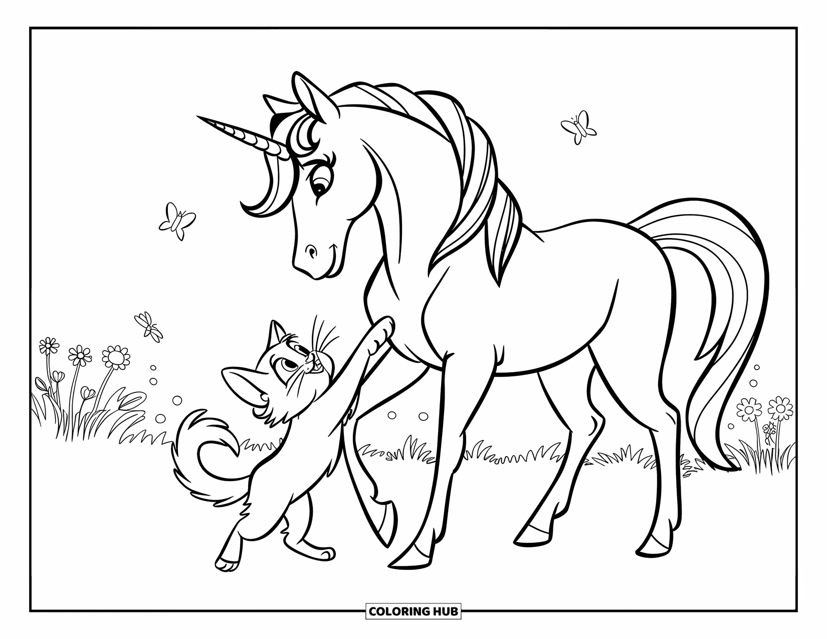 Unicorn Coloring Page for Kids: A unicorn watches a playful kitten bat at its tail in a blooming garden