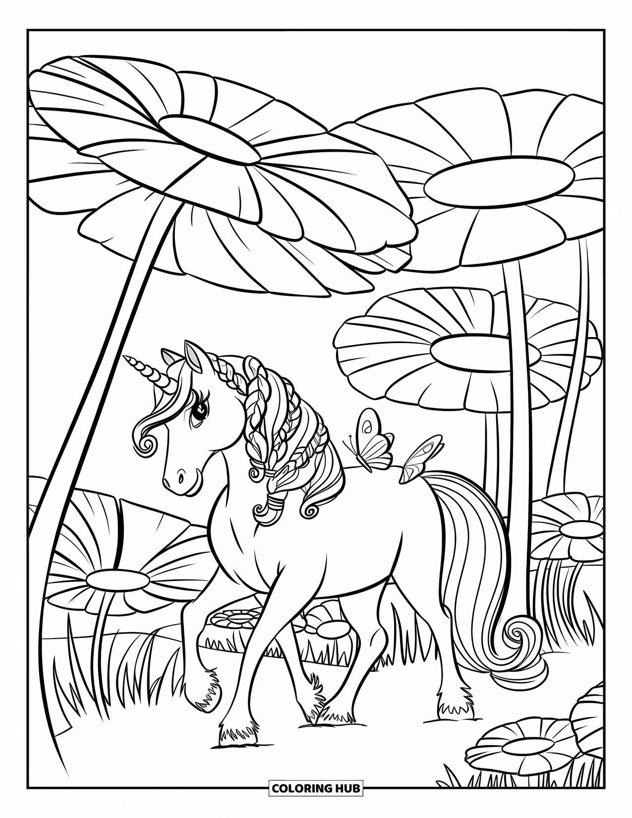 Unicorn Coloring Page for Kids: A unicorn with a braided mane strolls through oversized flowers, with butterflies resting on its back