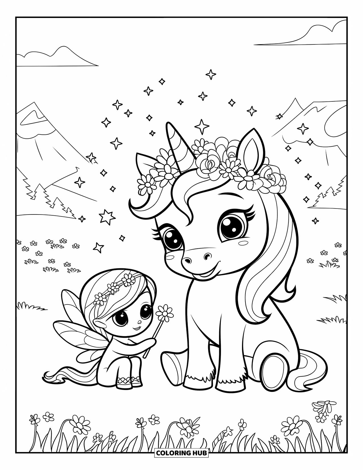 Unicorn Coloring Page for Kids: A unicorn with a flower crown rests beside a fairy, both surrounded by blooming flowers