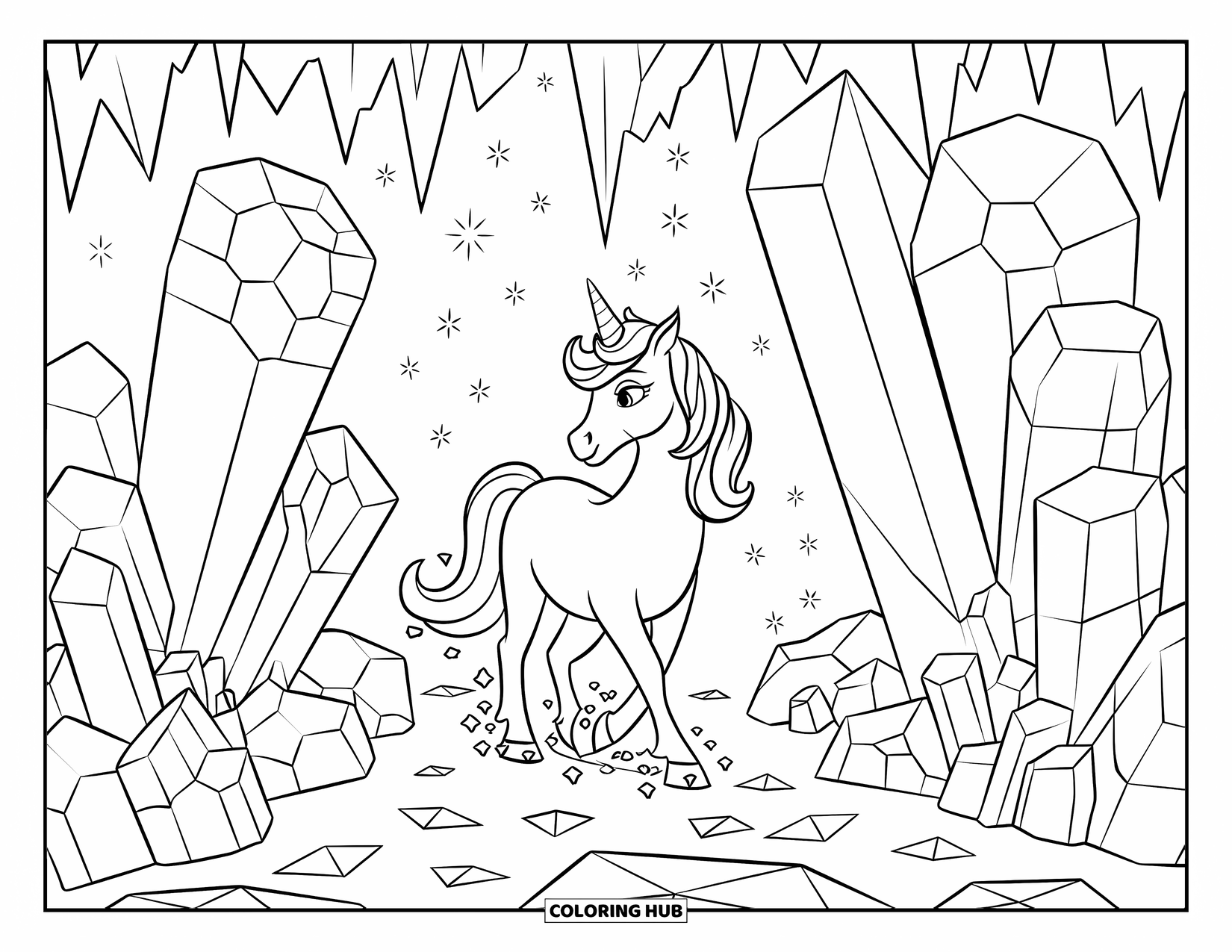 Unicorn Coloring Page for Kids: A unicorn with a flowing mane walks through a shimmering cavern filled with glowing gems