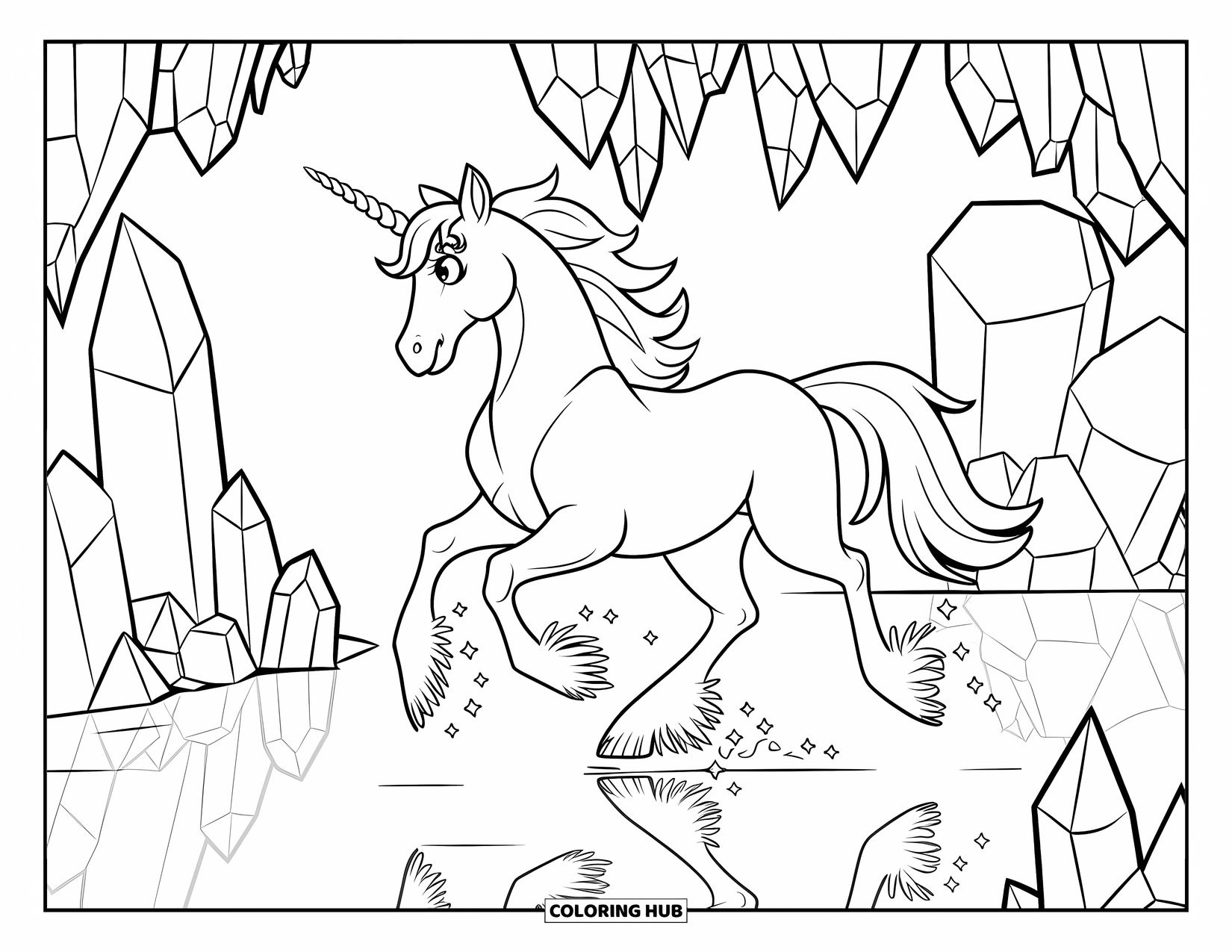 Unicorn Coloring Page for Kids: A unicorn with a golden crown glides through a crystal cave, surrounded by glowing formations