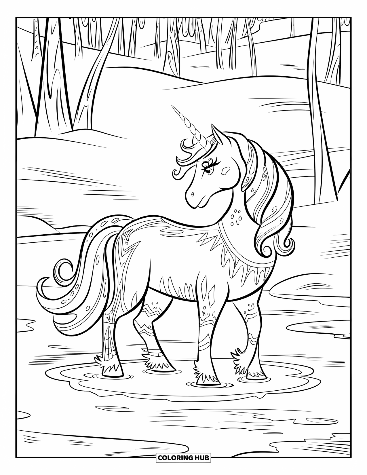 Unicorn Coloring Page for Kids: A unicorn with a shimmering moon symbol on its forehead stands gracefully on frozen water