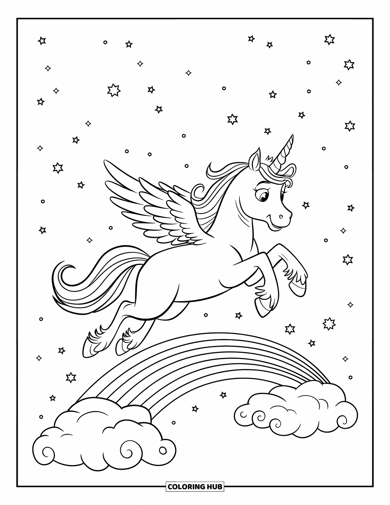 Unicorn Coloring Page for Kids: A unicorn with a spiraled horn flies above a rainbow, surrounded by soft, floating clouds