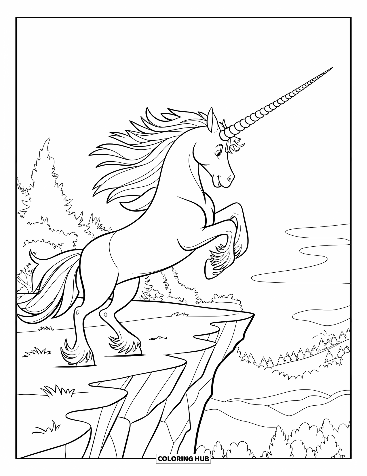 Unicorn Coloring Page for Kids: A unicorn with a spiraled horn rears on a rocky cliff, its wild mane blowing in the wind