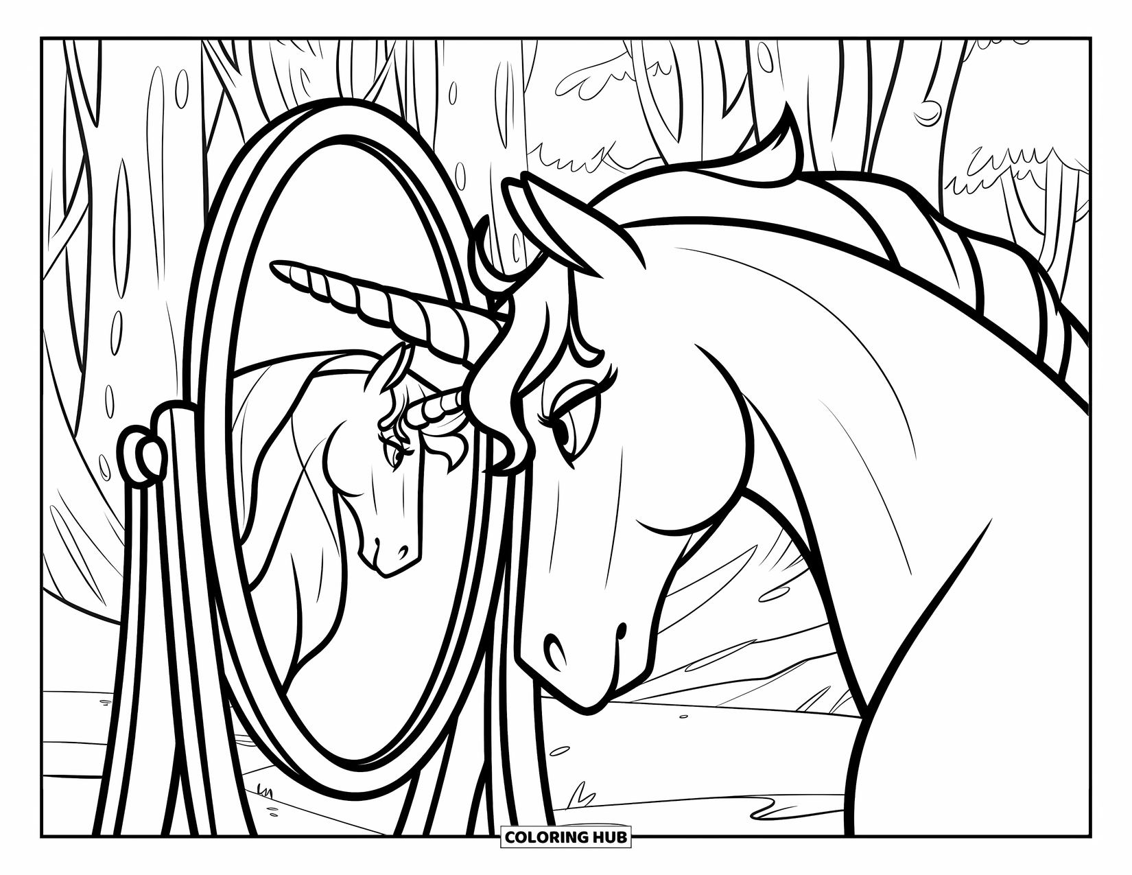 Unicorn Coloring Page for Kids: A unicorn with a starry mane gazes into an ancient mirror, seeing another version of itself
