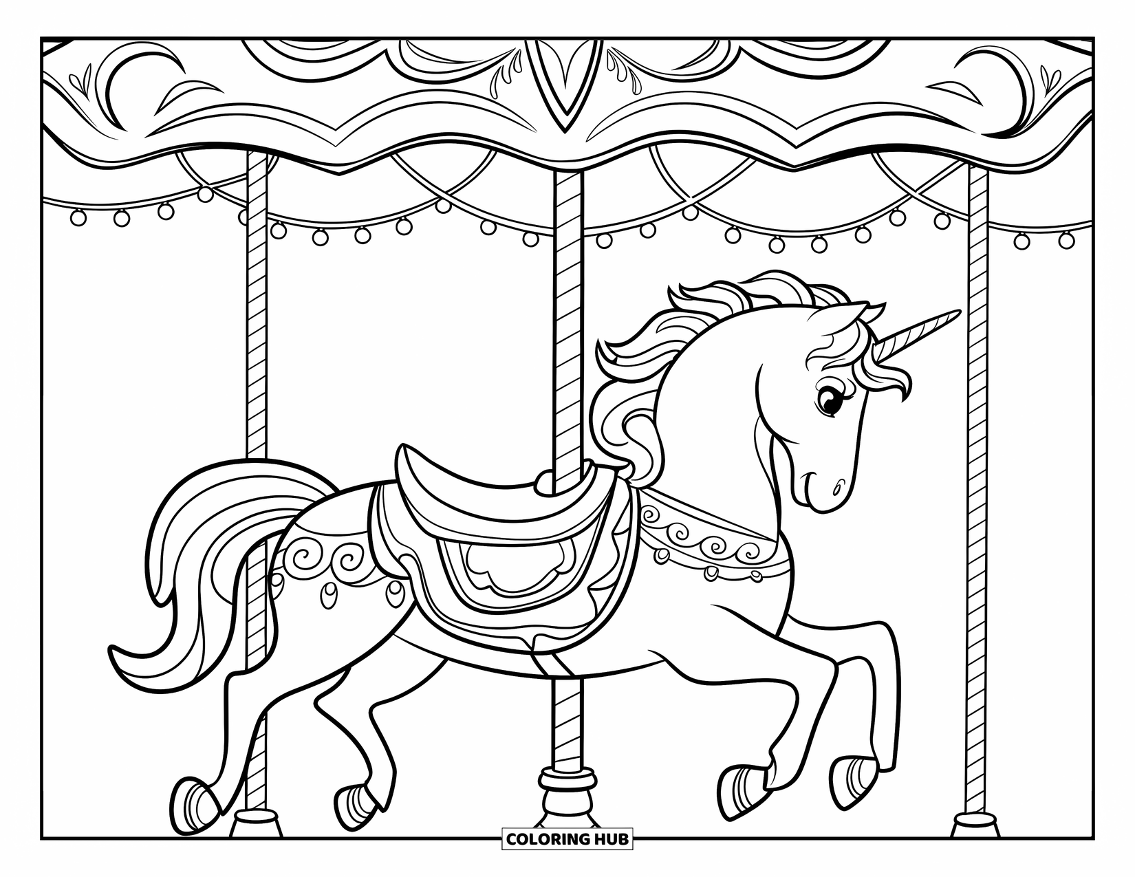Unicorn Coloring Page for Kids: A unicorn with an elegantly curled mane prances on a beautifully decorated carousel