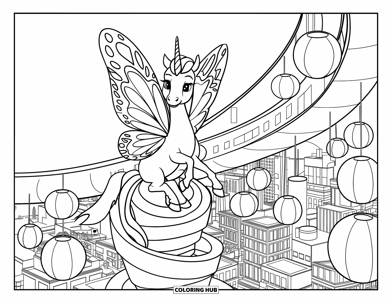 Unicorn Coloring Page for Kids: A unicorn with butterfly wings gazes down from a tall tower under a starry sky