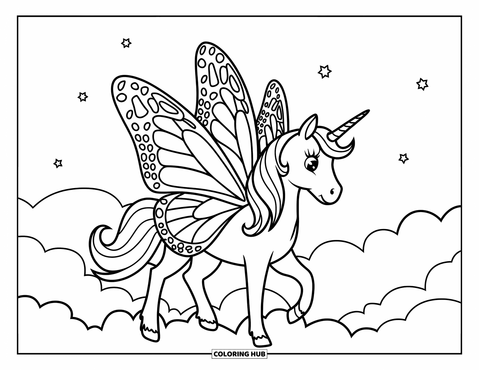Unicorn Coloring Page for Kids: A unicorn with delicate butterfly wings stands gracefully on a fluffy cloud