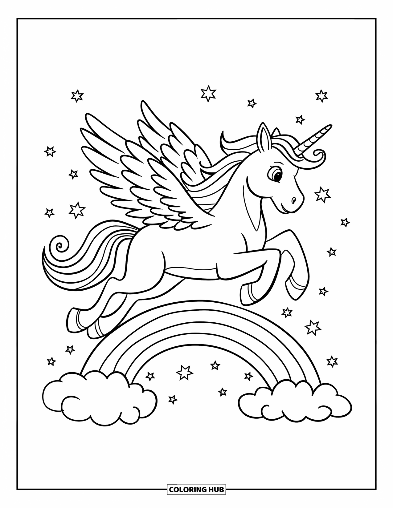 Unicorn Coloring Page for Kids: A unicorn with feathery wings soars over a rainbow, its long tail trailing behind